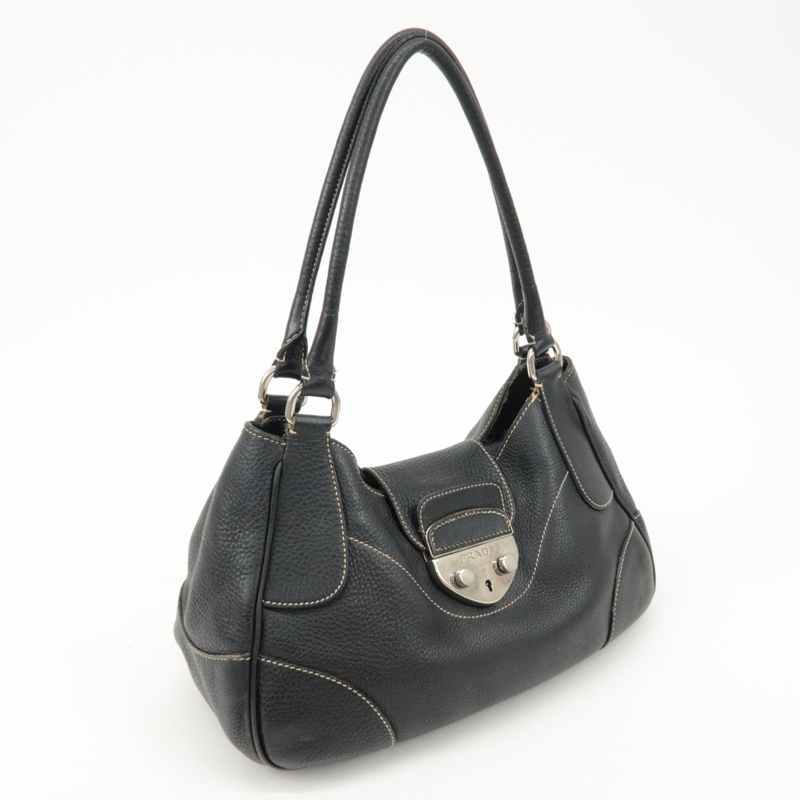 PRADA Logo Leather Shoulder Bag Hand Bag Black BR3593 Used