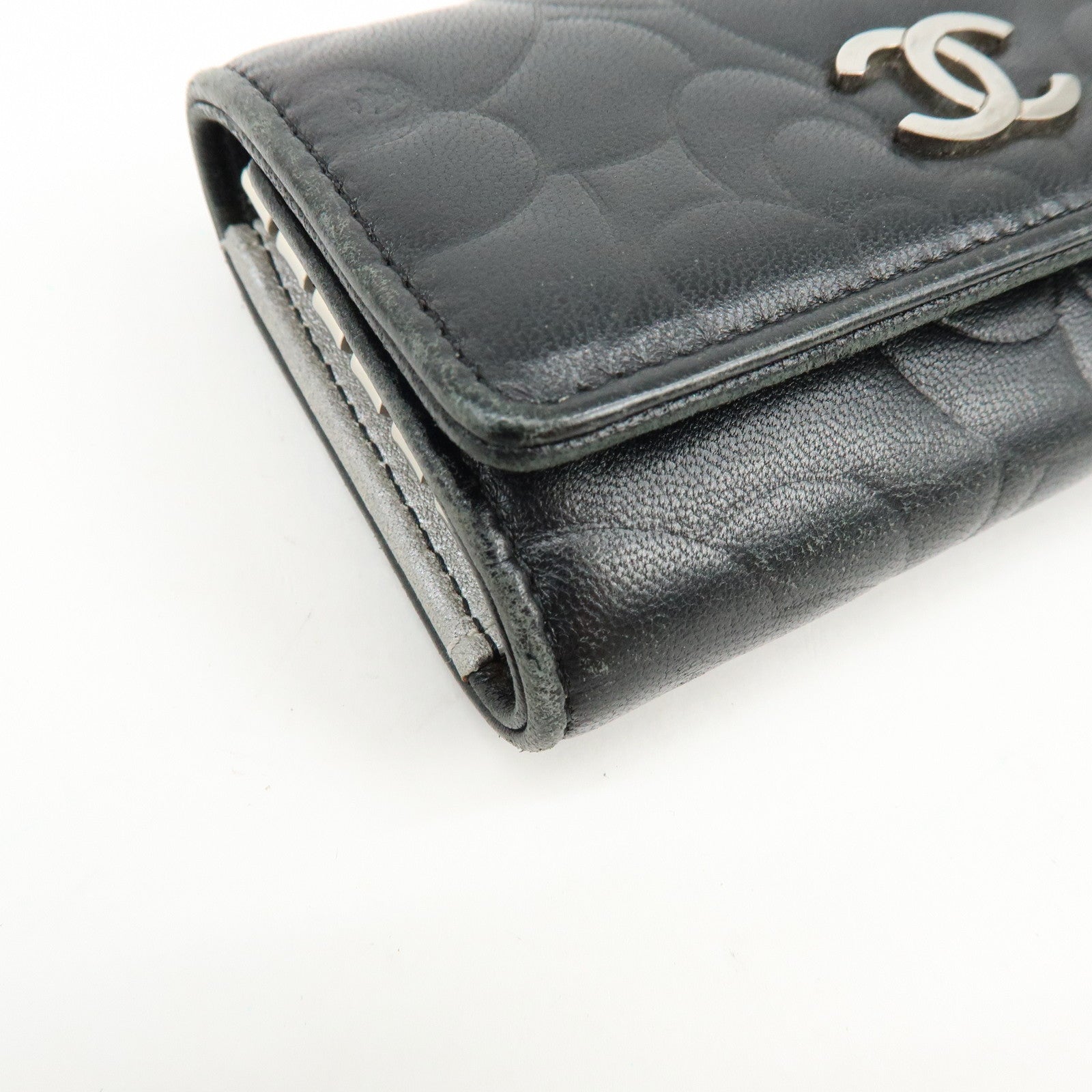 CHANEL Camelia Lamb Skin Leather Key Case Key Holder Black