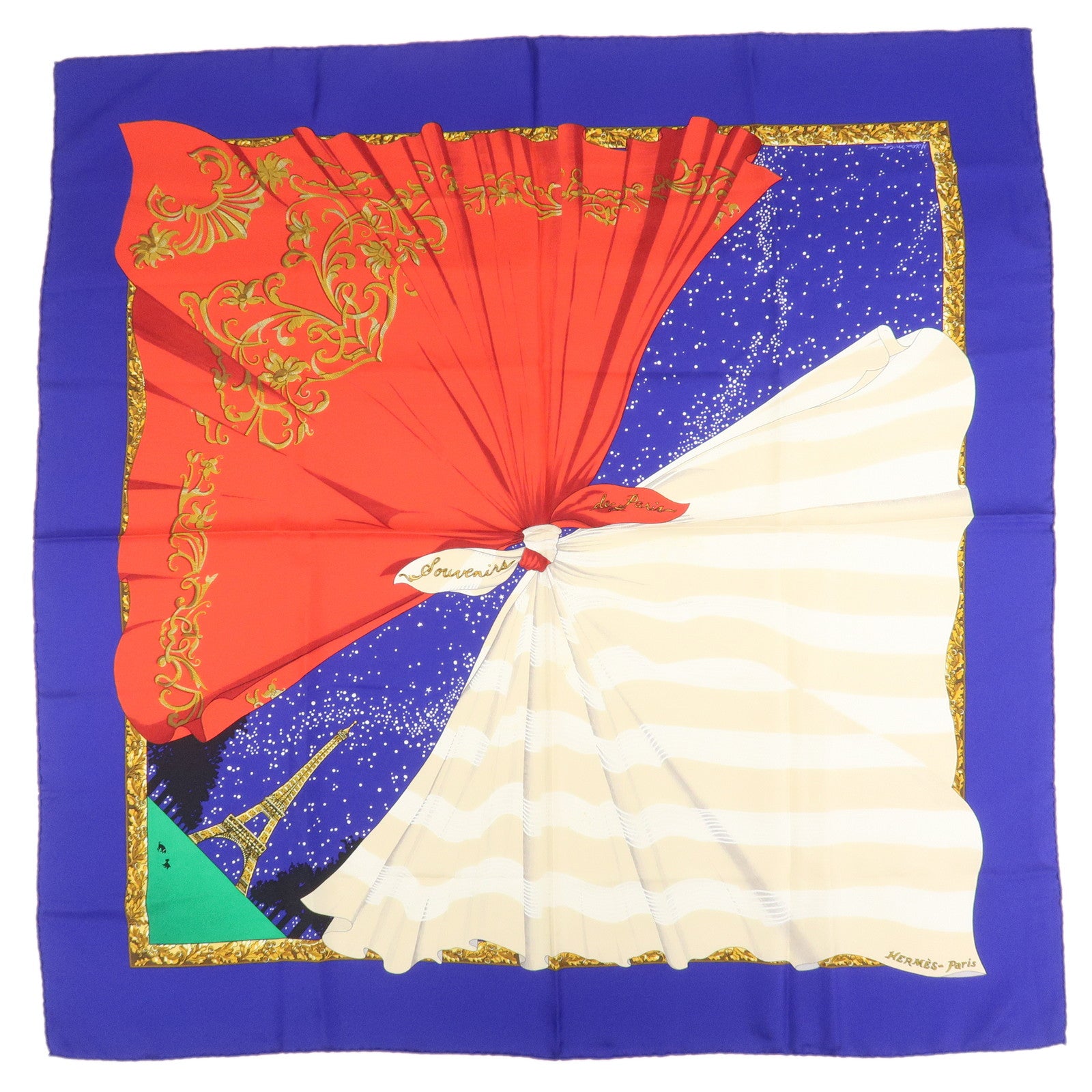 HERMES Carre 90 Silk 100% Scarf Souvenirs de Paris Blue Red Ivory