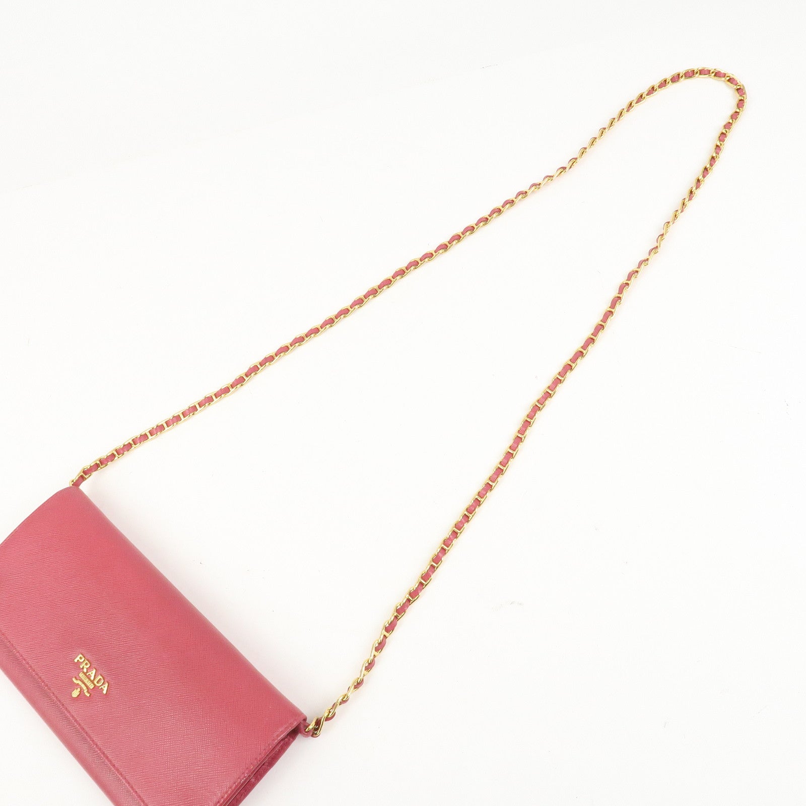 PRADA Logo Saffiano Leather WOC Chain Long Wallet Pink 1M1290