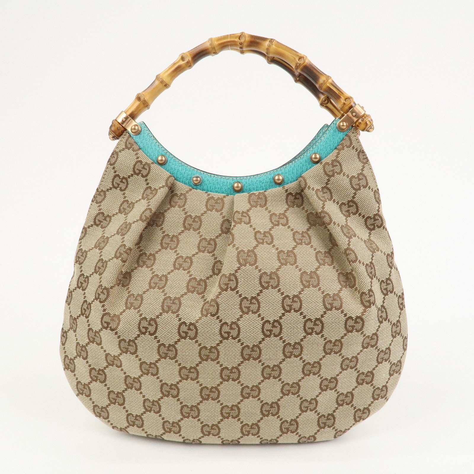 GUCCI Bamboo GG Canvas Leather Hand Bag Brown Light Blue 124297