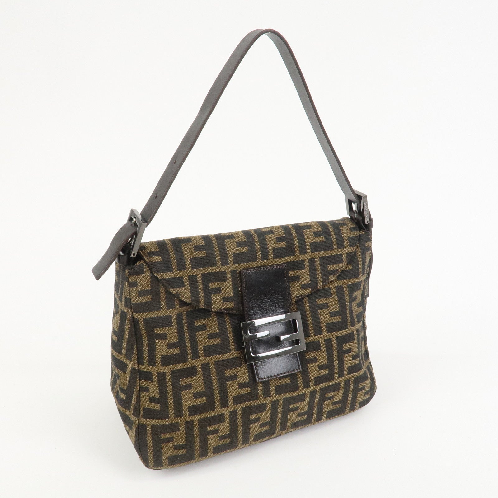 FENDI Mamma Baguette Zucca Leather Canvas Shoulder Bag Brown 8BR004