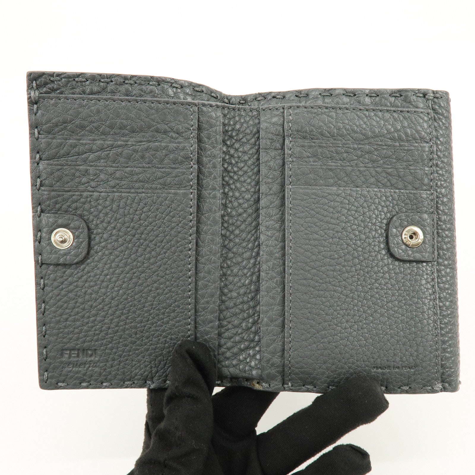 FENDI Selleria Leather Tri-fold Compact Wallet Gray 8M0359