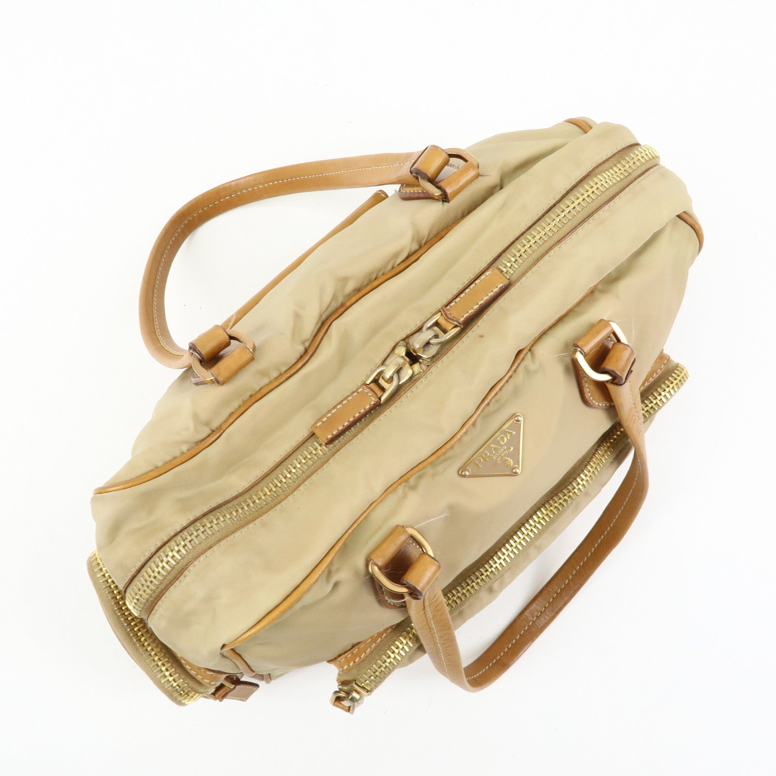 PRADA Triangle Logo Nylon Leather Shoulder Hand Bag Beige Brown