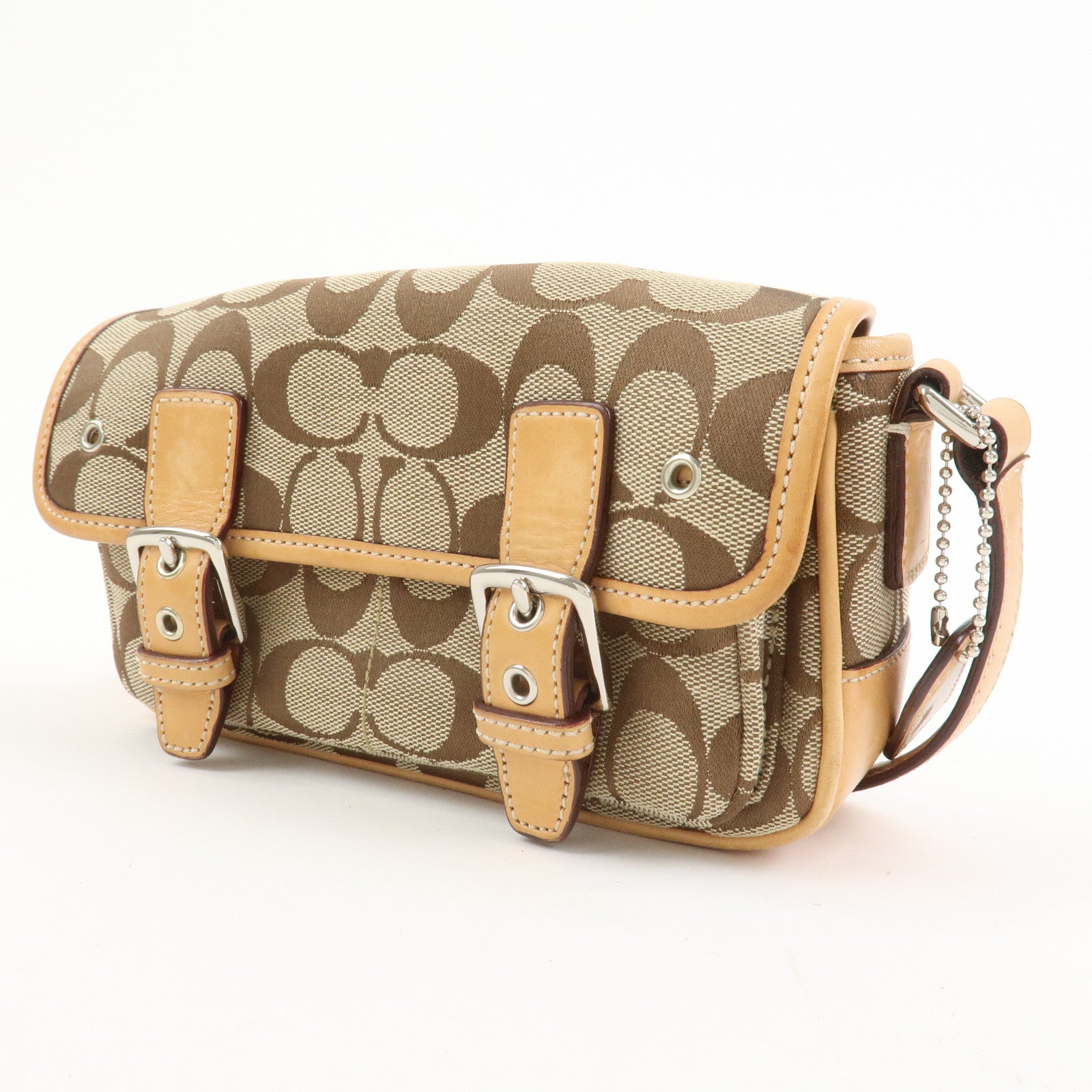 COACH Signature Canvas Leather Shoulder Bag Beige Light Brown