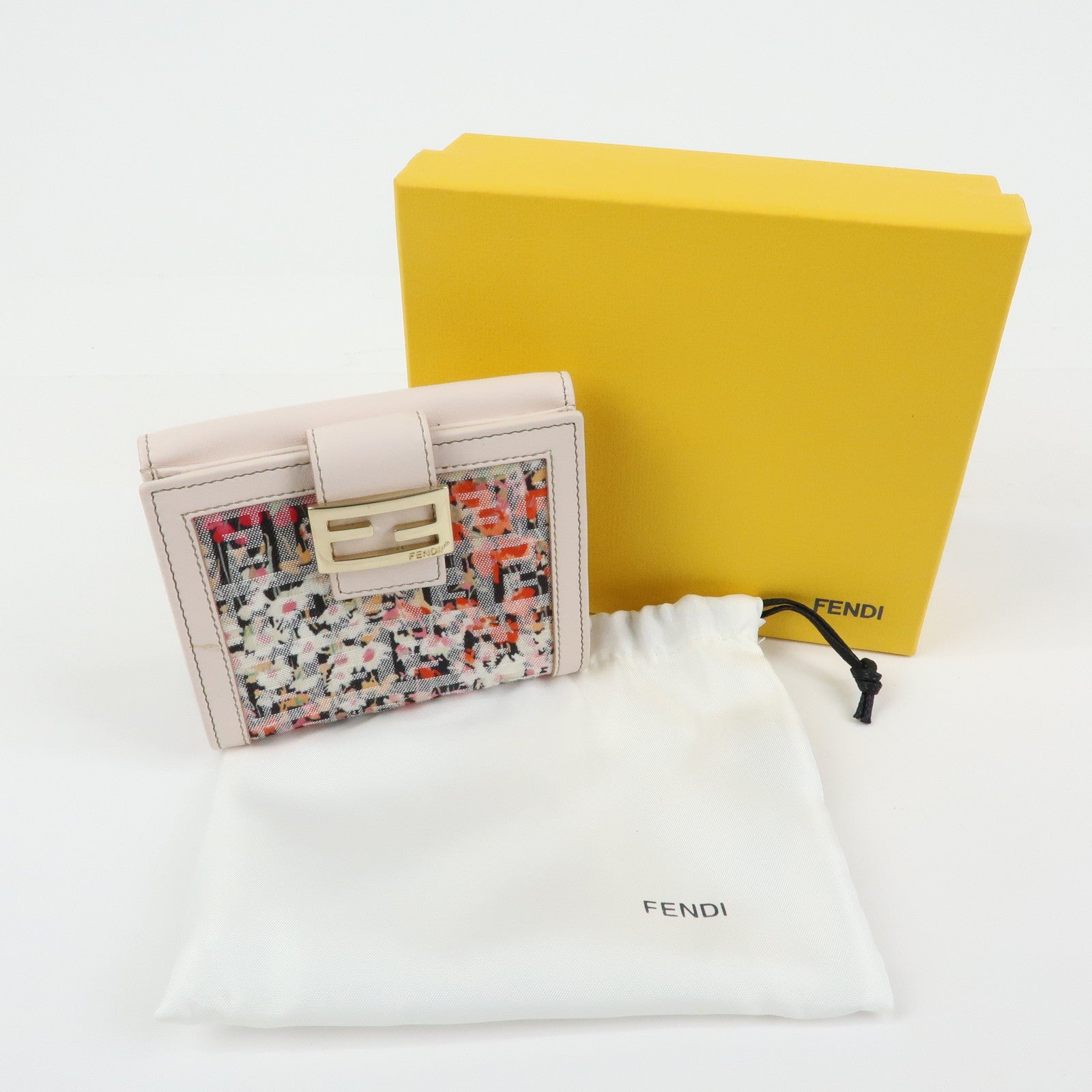 FENDI Zucchino Flower Canvas Leather Compact Wallet Pink 8M0188