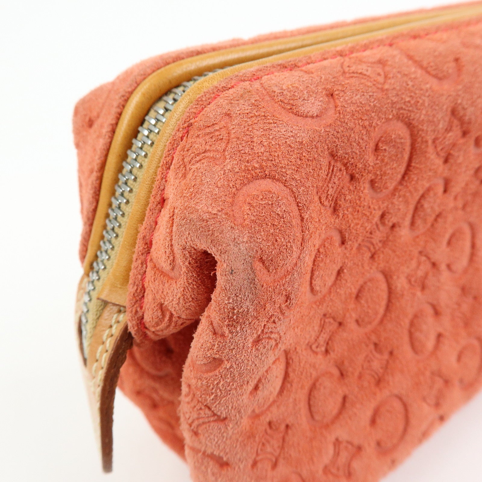 CELINE C Macadam Suede Leather Pouch Cosmetic Case Coral