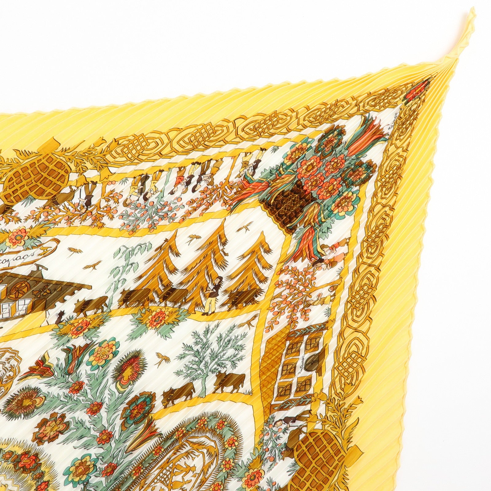 HERMES Pleated Carre 90 Silk 100% Scarf DECOUPAGES Yellow Brown
