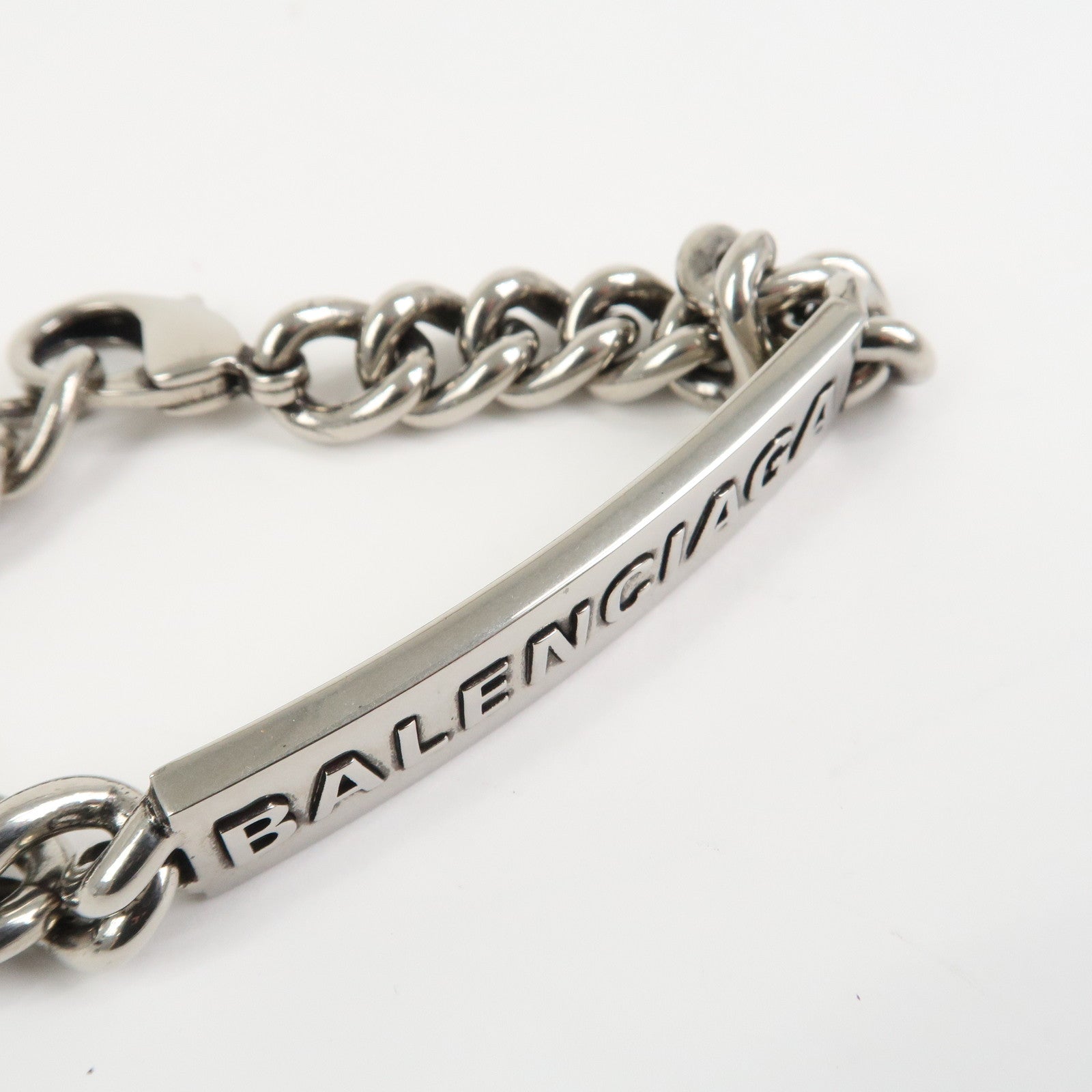 BALENCIAGA Logo Plate Metal Chain Bracelet Silver