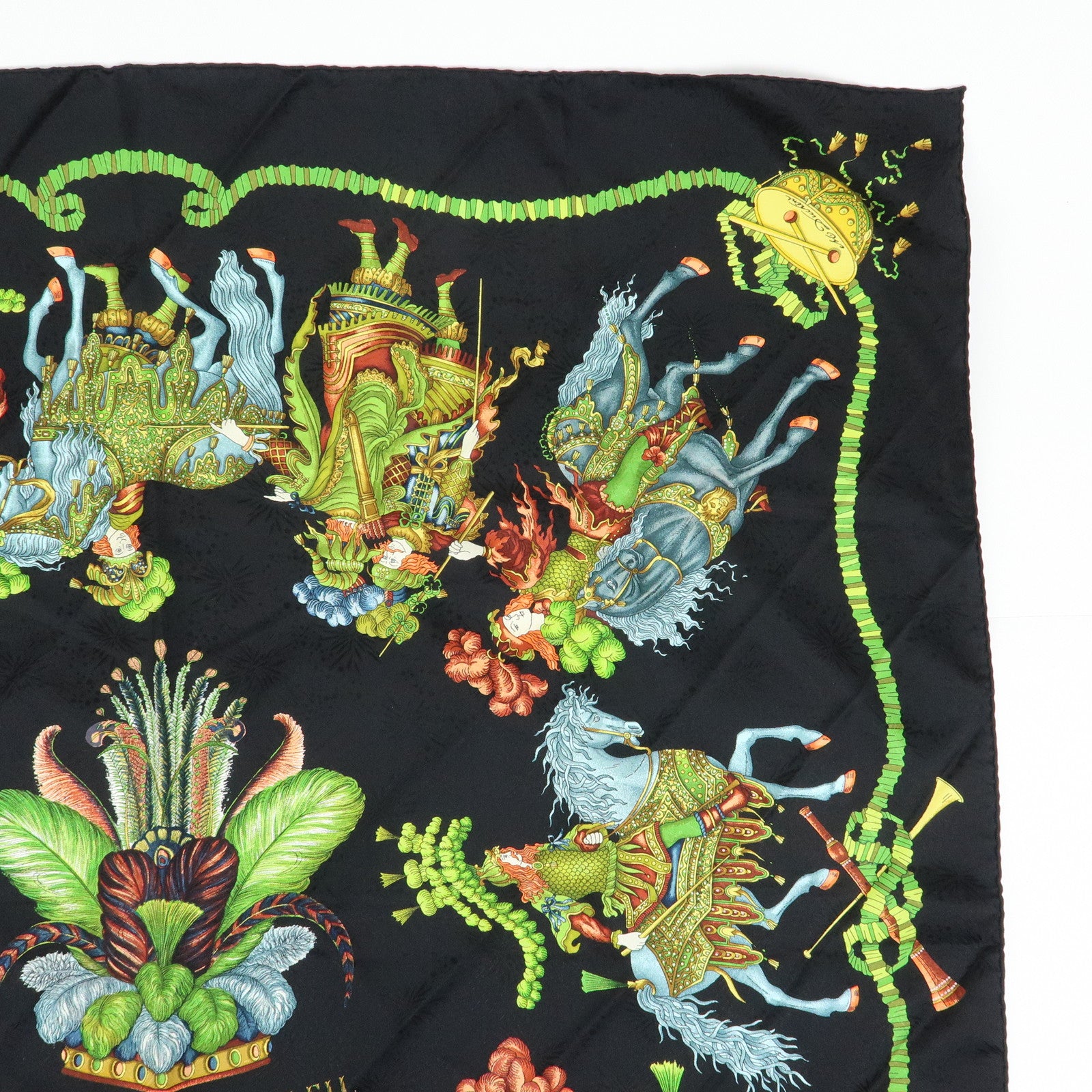 HERMES Carre 90 Silk 100% Scarf LES FETES DU ROI SOLEIL Black