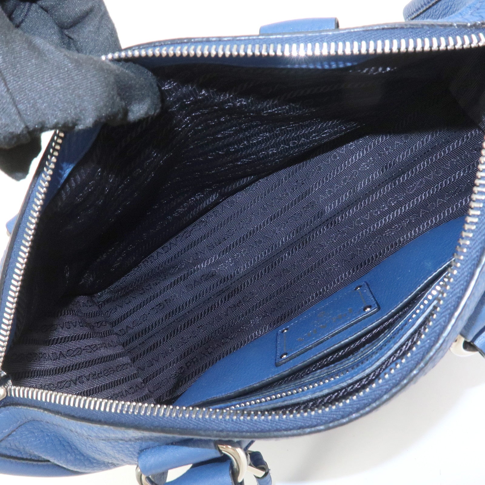 PRADA Leather 2Way Bag Hand Bag Shoulder Bag Blue Silver