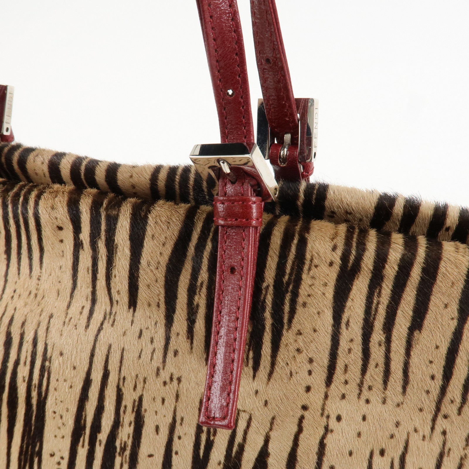 FENDI Leather Unborn Calf Tote Bag Hand Bag Zebra Brown Red Used