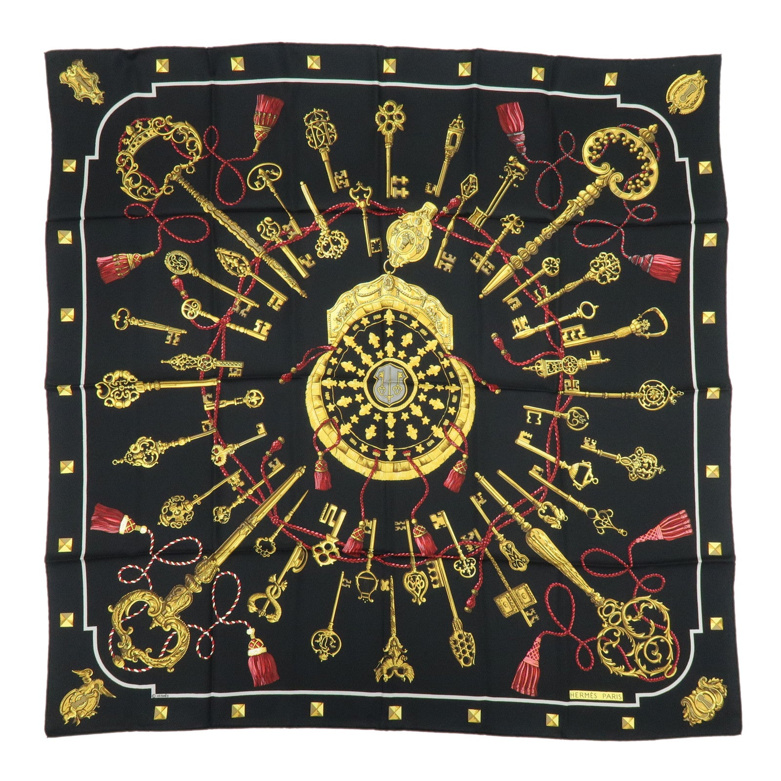HERMES Carre 90 Silk 100% Scarf LES CLES THE KEYS RARE Black