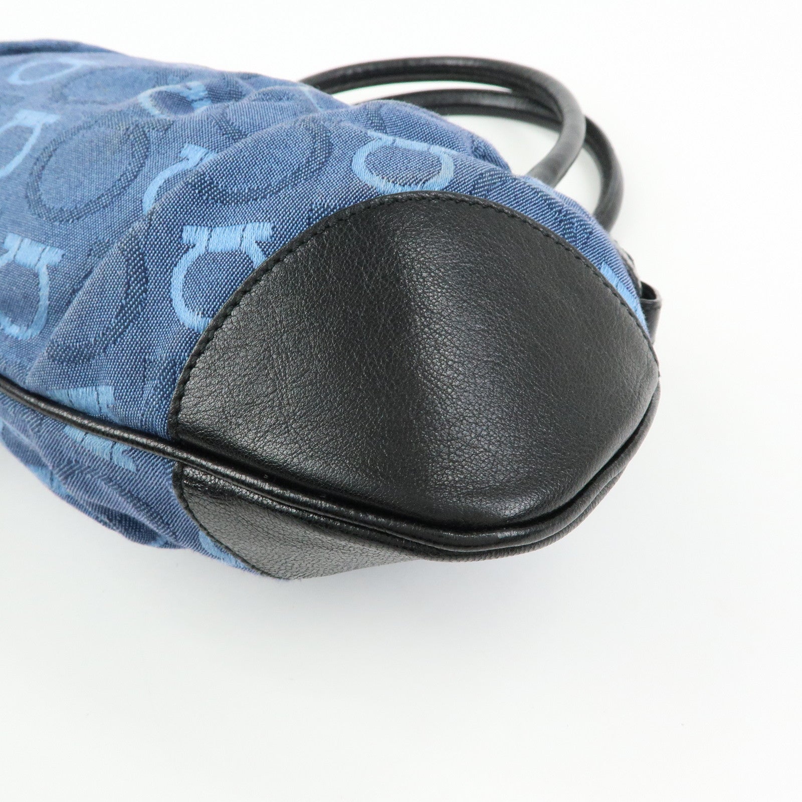 Ferragamo Gancini Canvas Leather Hand Bag Shoulder Bag Blue Black