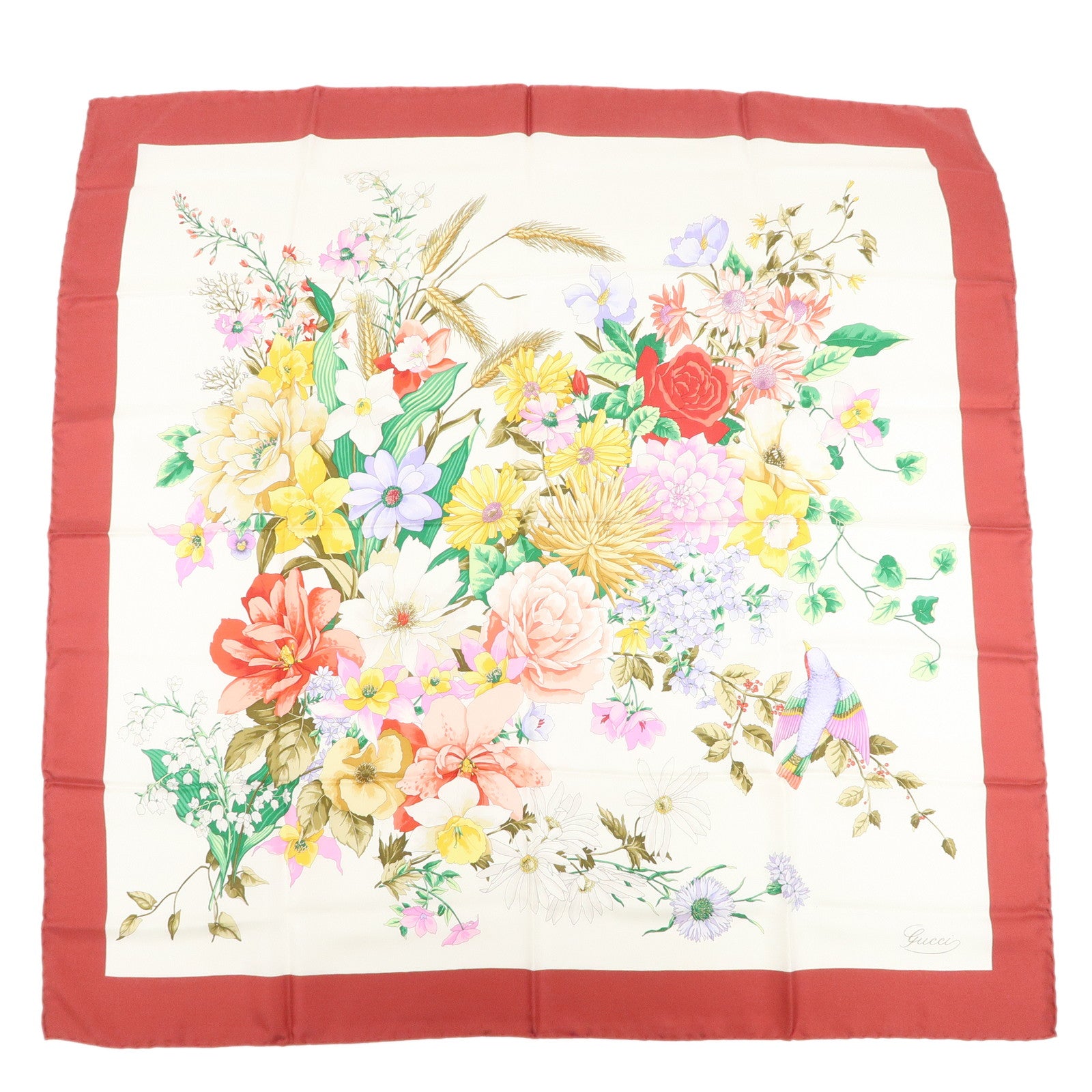 GUCCI Logo Silk 100％ Scarf Red Flora Multicolor