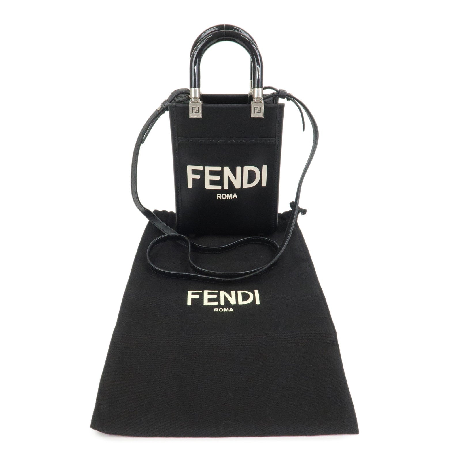 FENDI Leather Sunshine Shopper Small 2Way Bag Hand Bag Black 8BS051