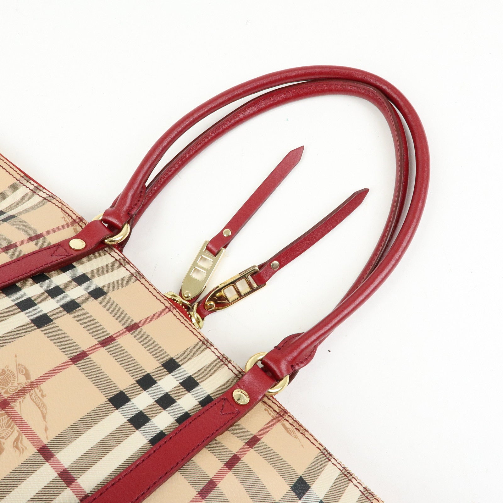 BURBERRY Nova Plaid PVC Leather Tote Bag Hand Bag Beige Red