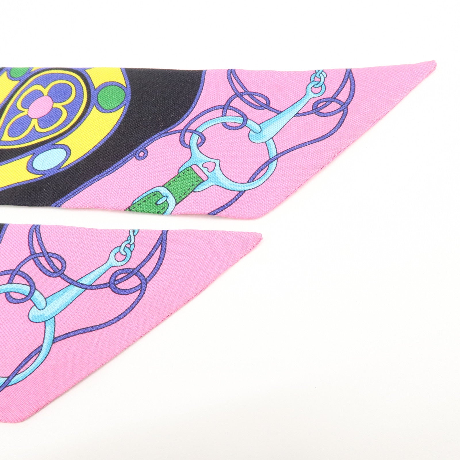 HERMES Silk 100％ Twilly Scarf FOLKLORE Black Pink Used