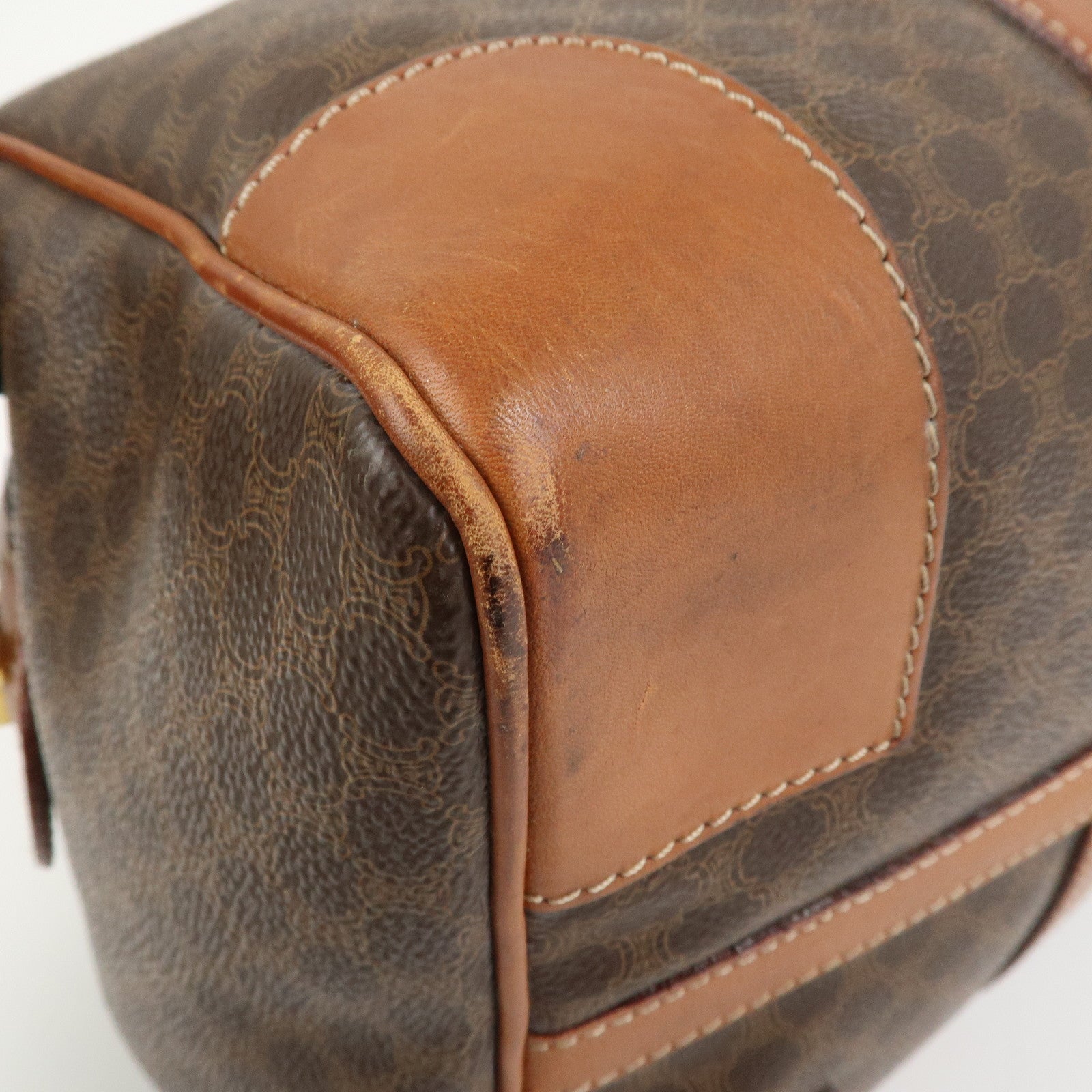 CELINE Macadam PVC Canvas Leather Boston Bag Hand Bag Brown