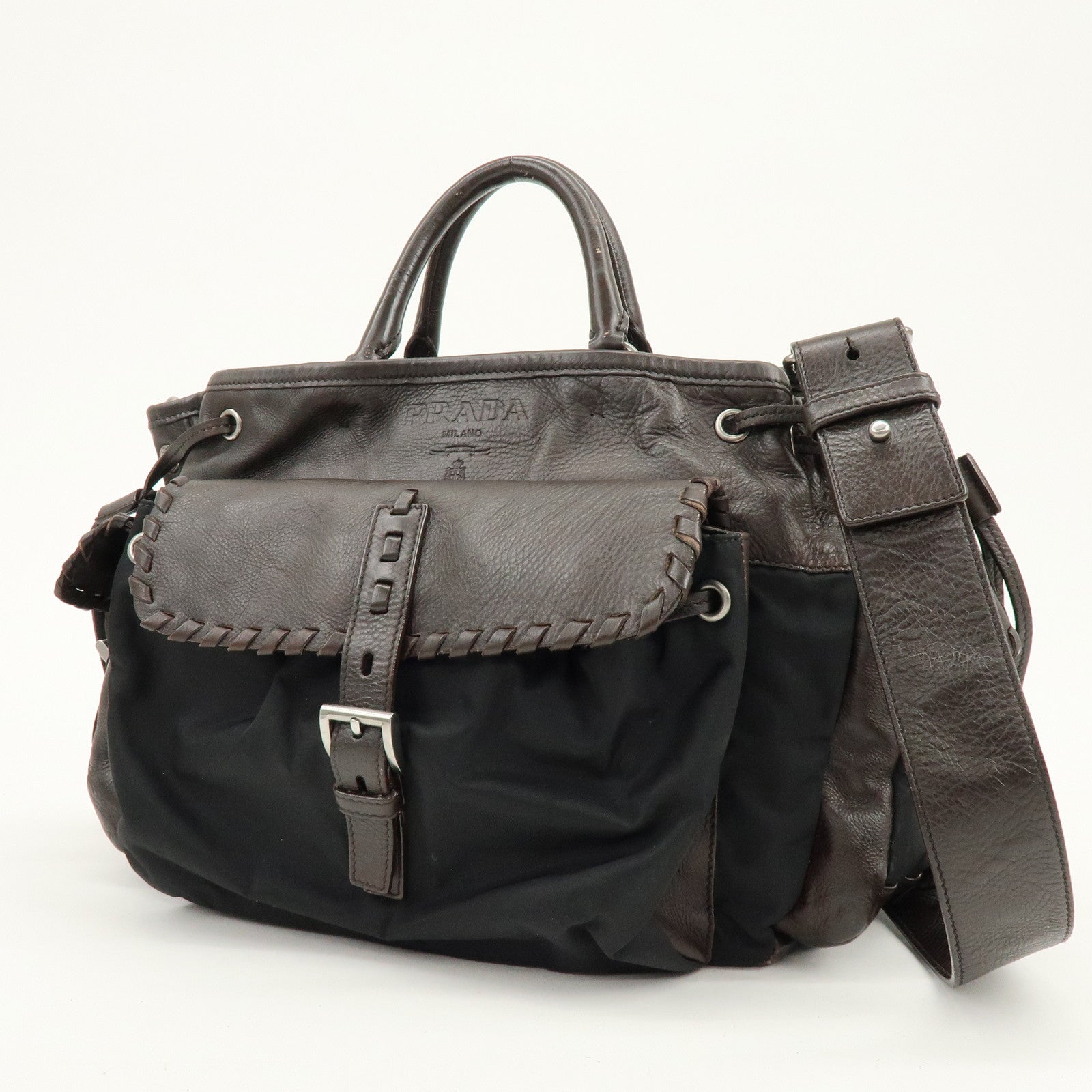 PRADA Nylon Leather 2Way Bag Hand Bag Shoulder Bag Brown