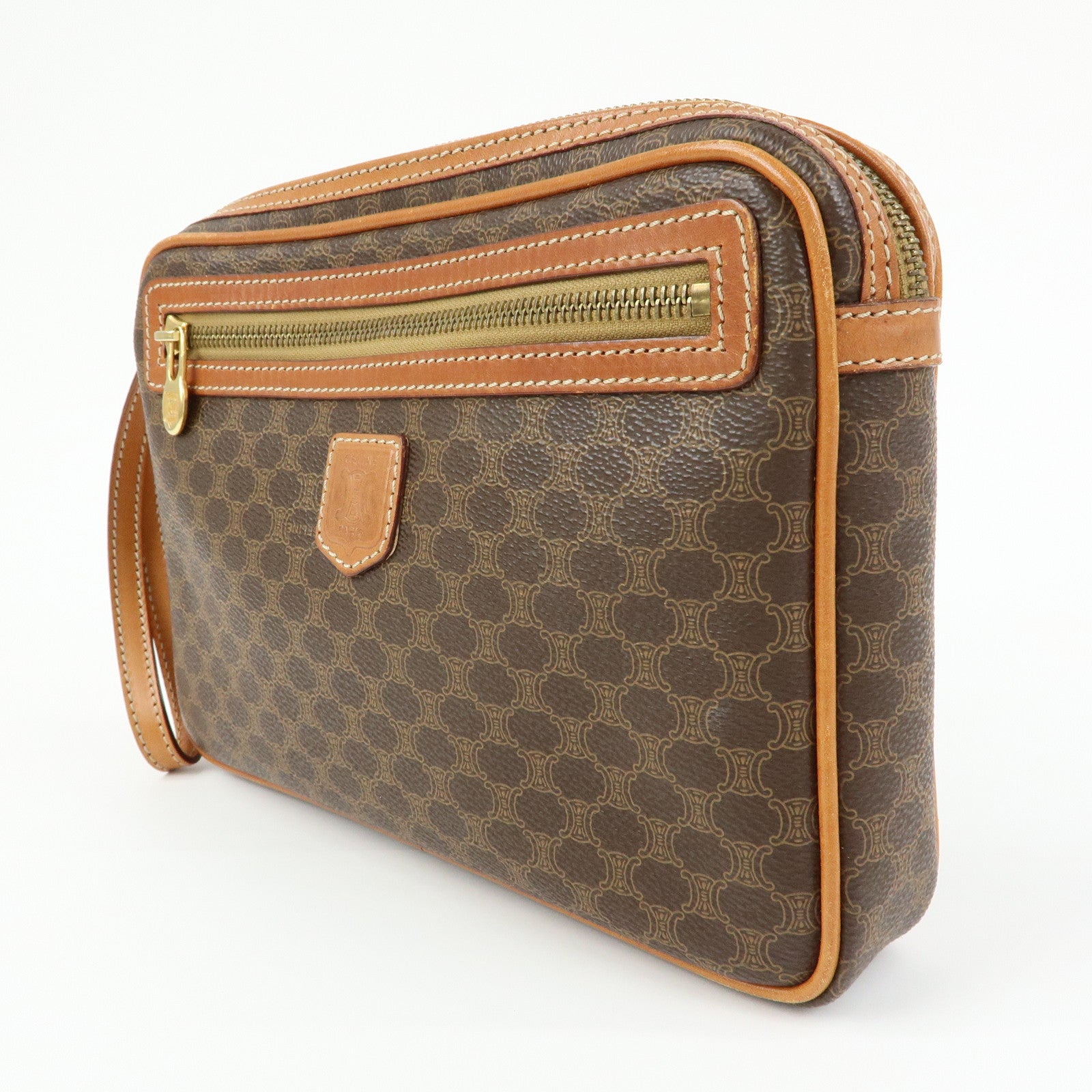 CELINE Macadam PVC Coated Canvas Leather Clutch Bag Pouch Brown