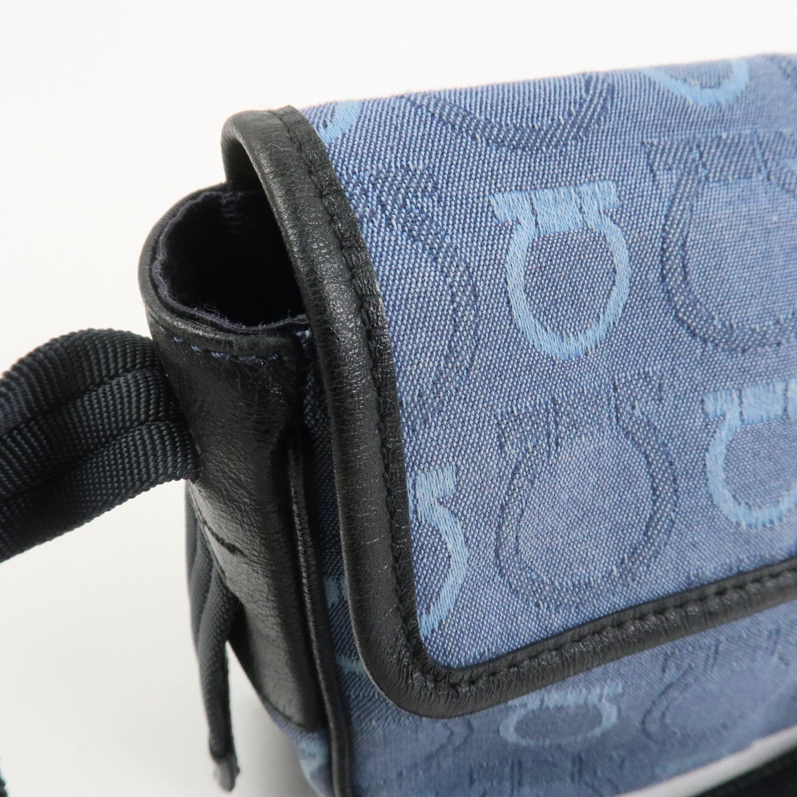 Ferragamo Gancini Canvas Leather Shoulder Bag Navy Black