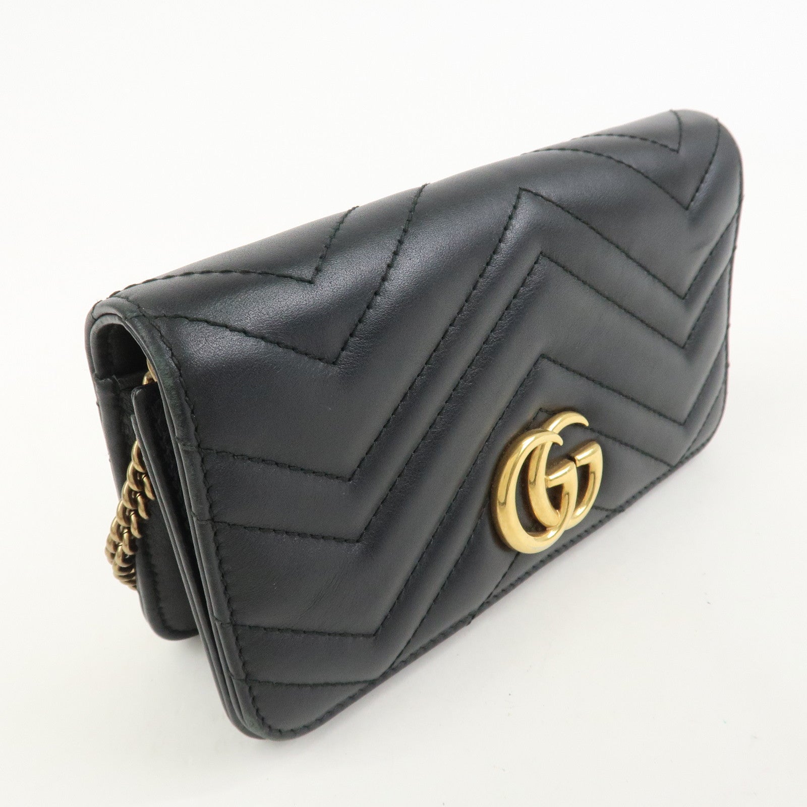 GUCCI GG Marmont Leather Chain Shoulder Bag Black Gold 488426