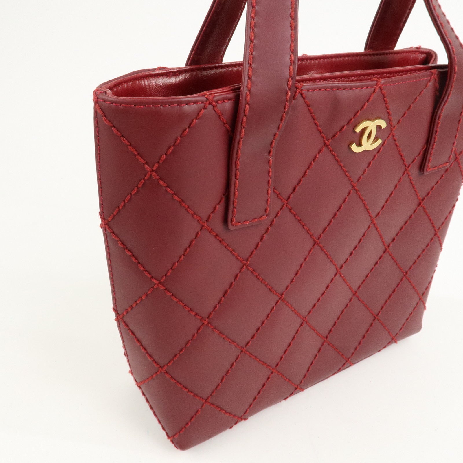 CHANEL Wild Stitch Leather Tote Bag Hand Bag Red A18126