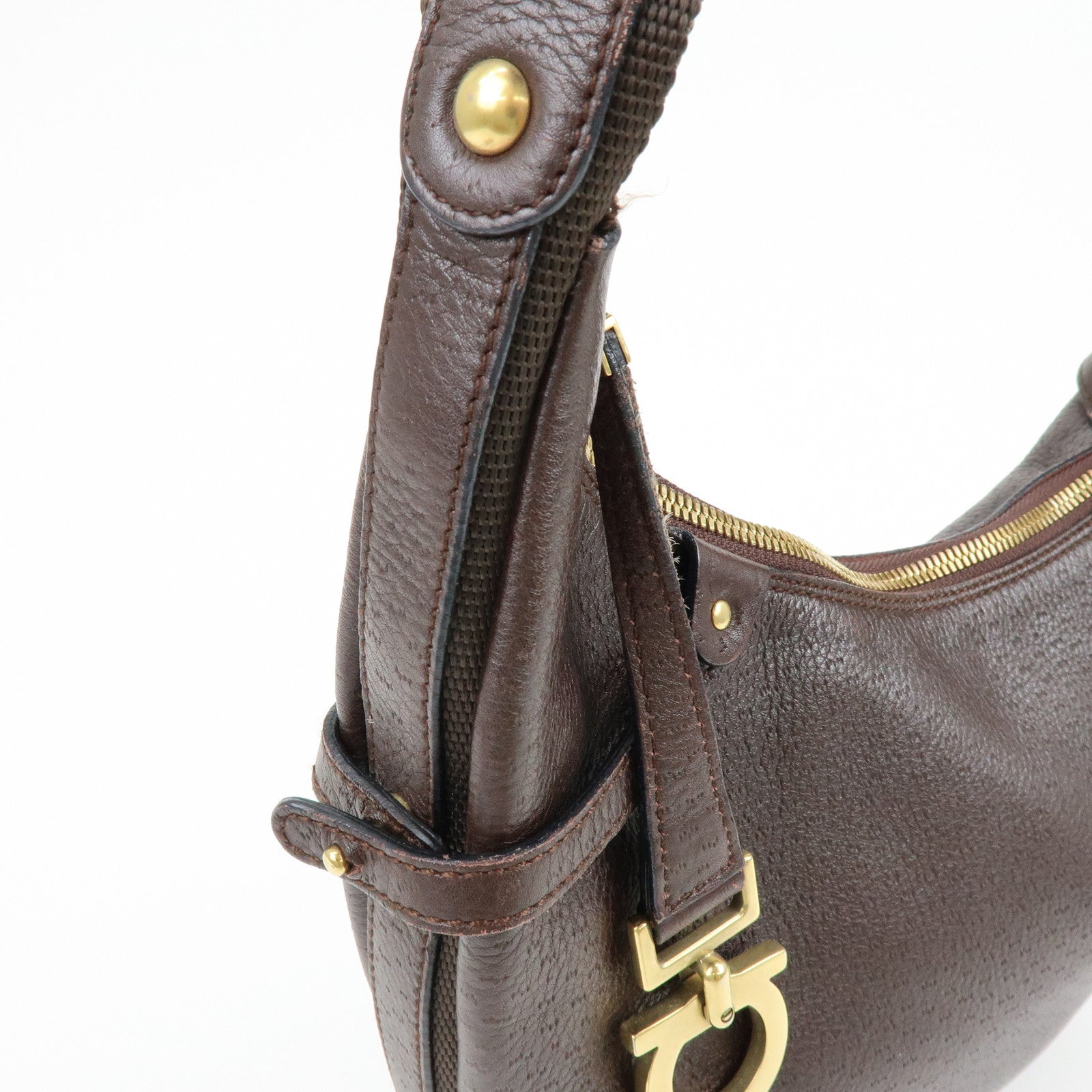 Ferragamo Gancini Leather Shoulder Bag Hand Bag Brown