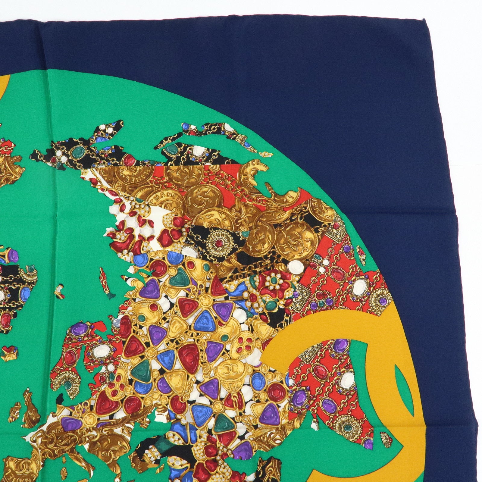 CHANEL Silk 100% Scarf Bijou 86cm×86cm Navy Green