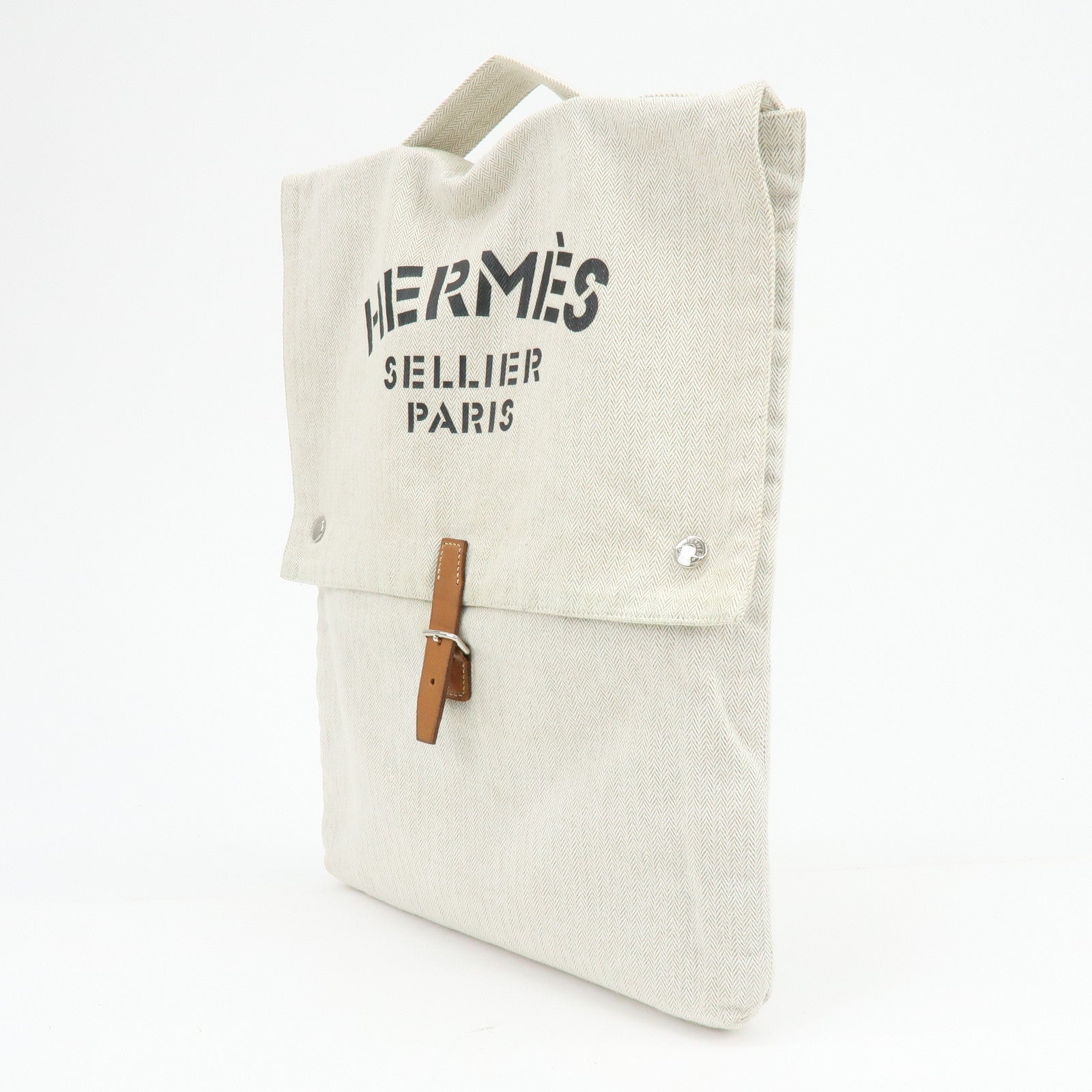 HERMES Baggy Baggage Aline Toile Chevron Leather Tote Bag Natural
