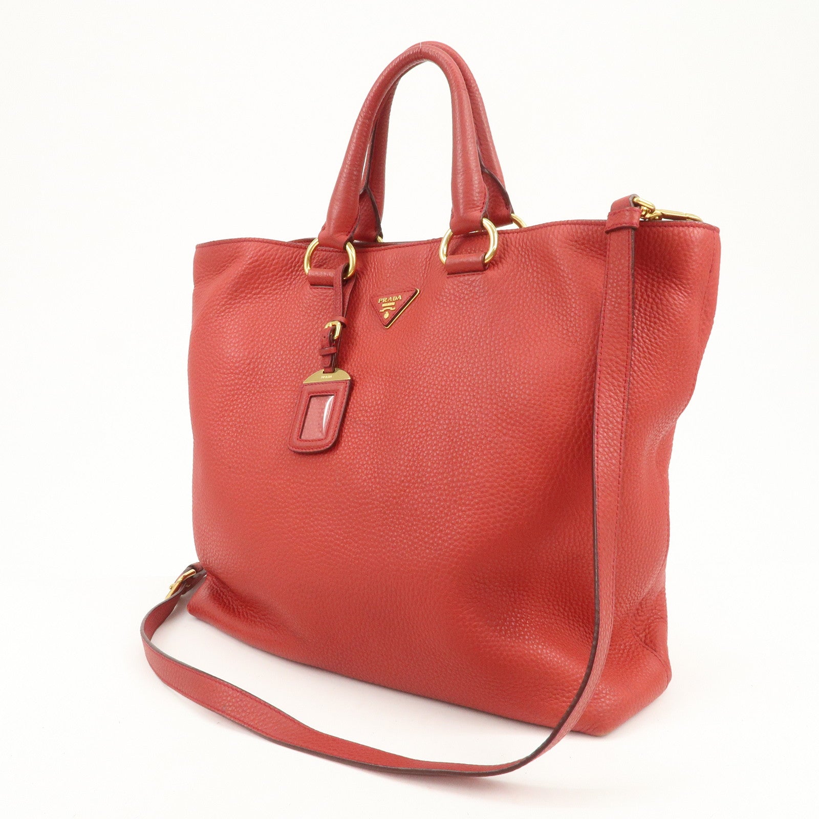 PRADA Triangle Logo Leather 2Way Tote Bag Shoulder Bag Red BN1713