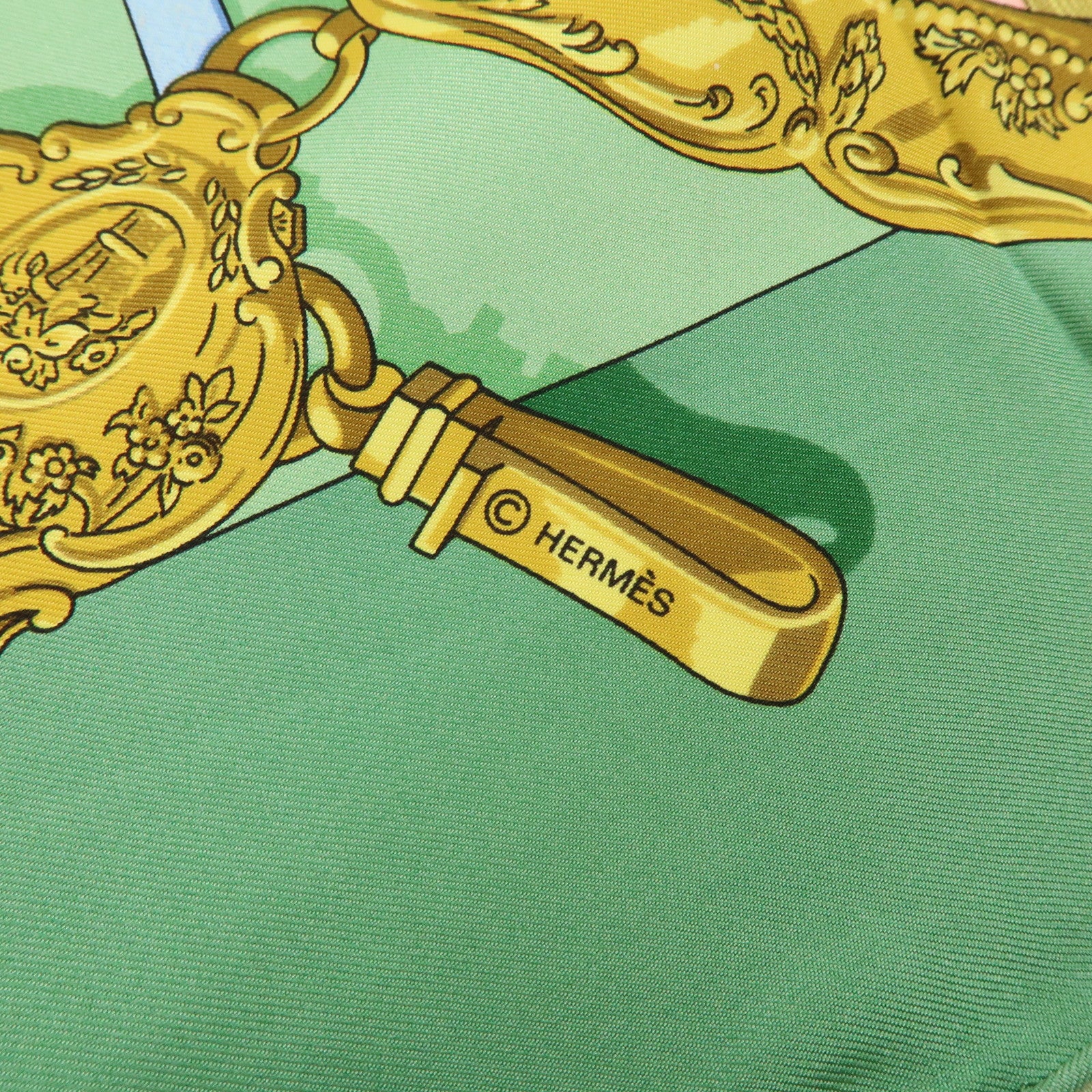 HERMES Carre 90 Silk 100% Memoire d'Hermes Scarf Green Brown Gold