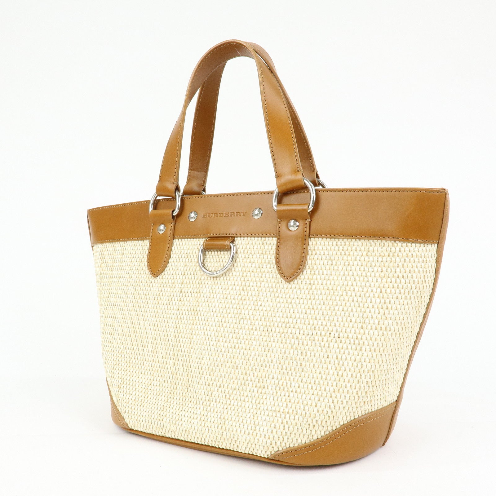 BURBERRY Straw Canvas Leather Tote Bag Shoulder Bag Natural Brown