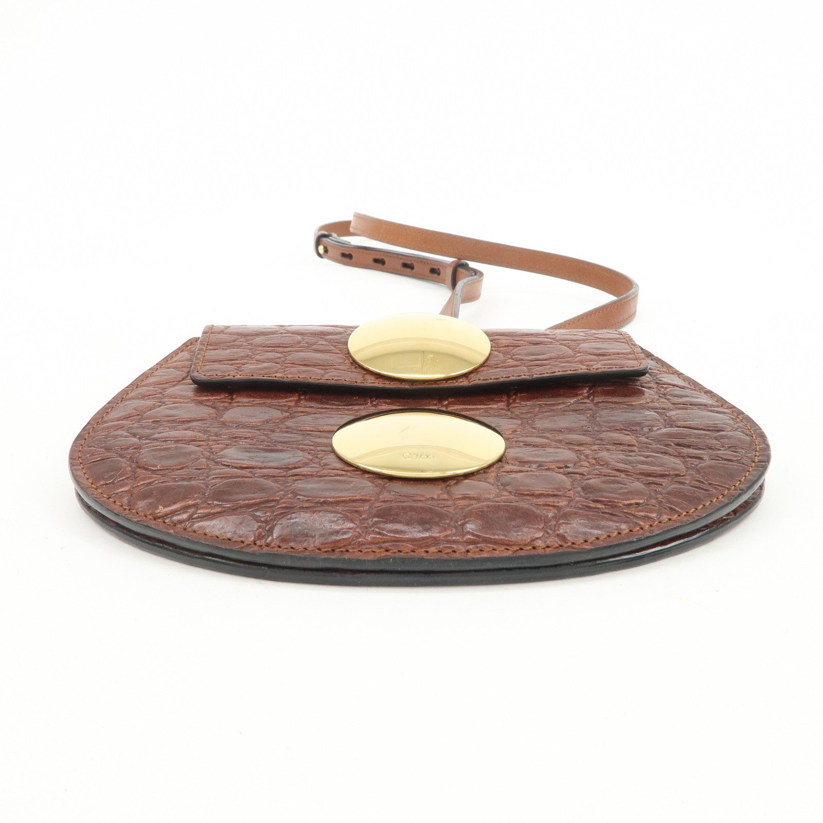 Chloe Logo Embossed Leather Shoulder Bag Hand Bag Brown