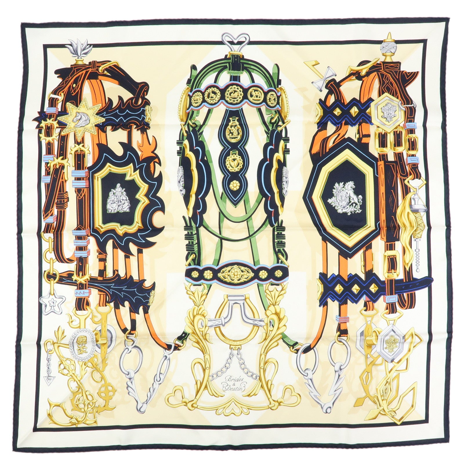 HERMES Carre 90 Silk 100% Scarf BRIDES ET DESTIN Beige Black Gold