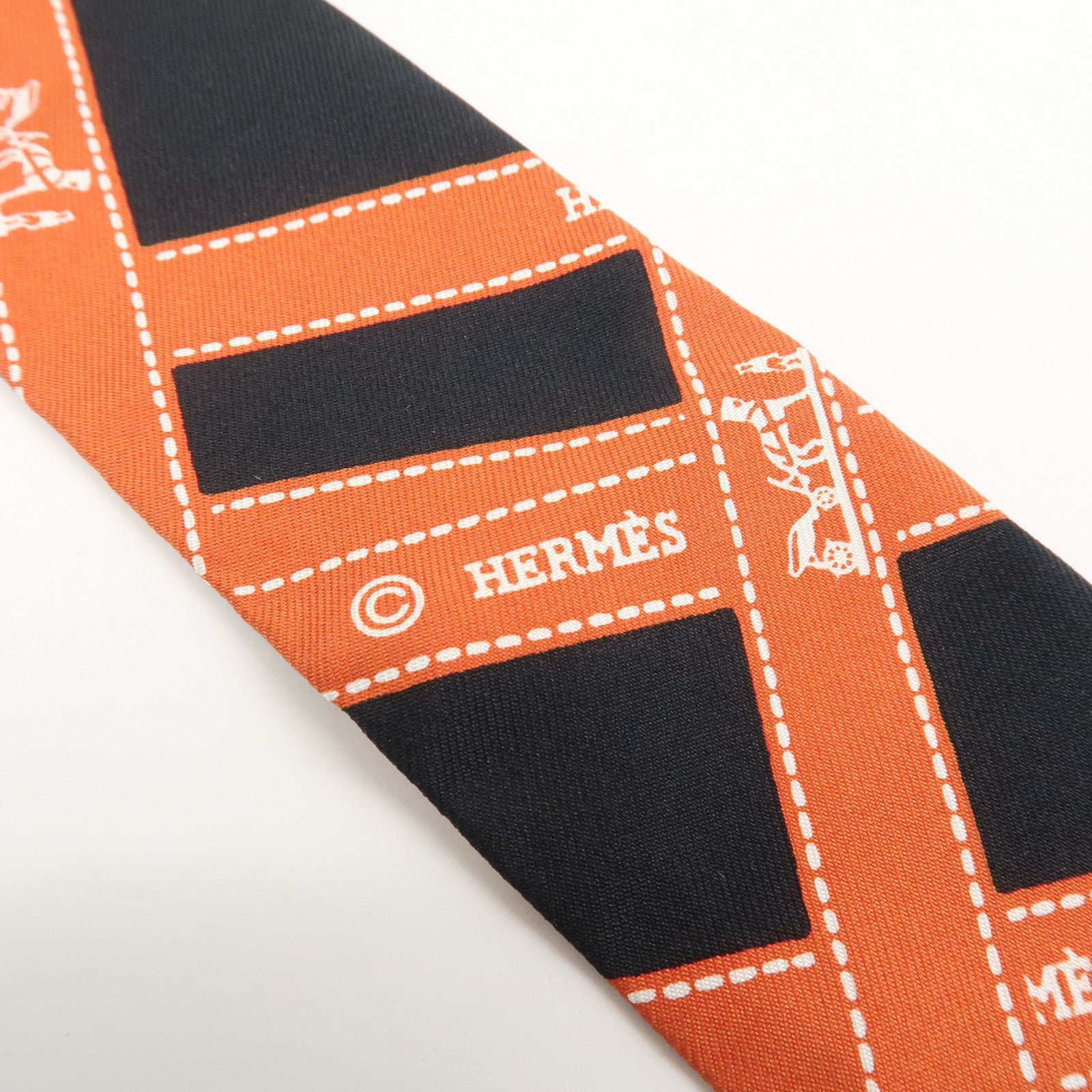 HERMES Twilly Silk 100% Bolduc Scarf Black Orange