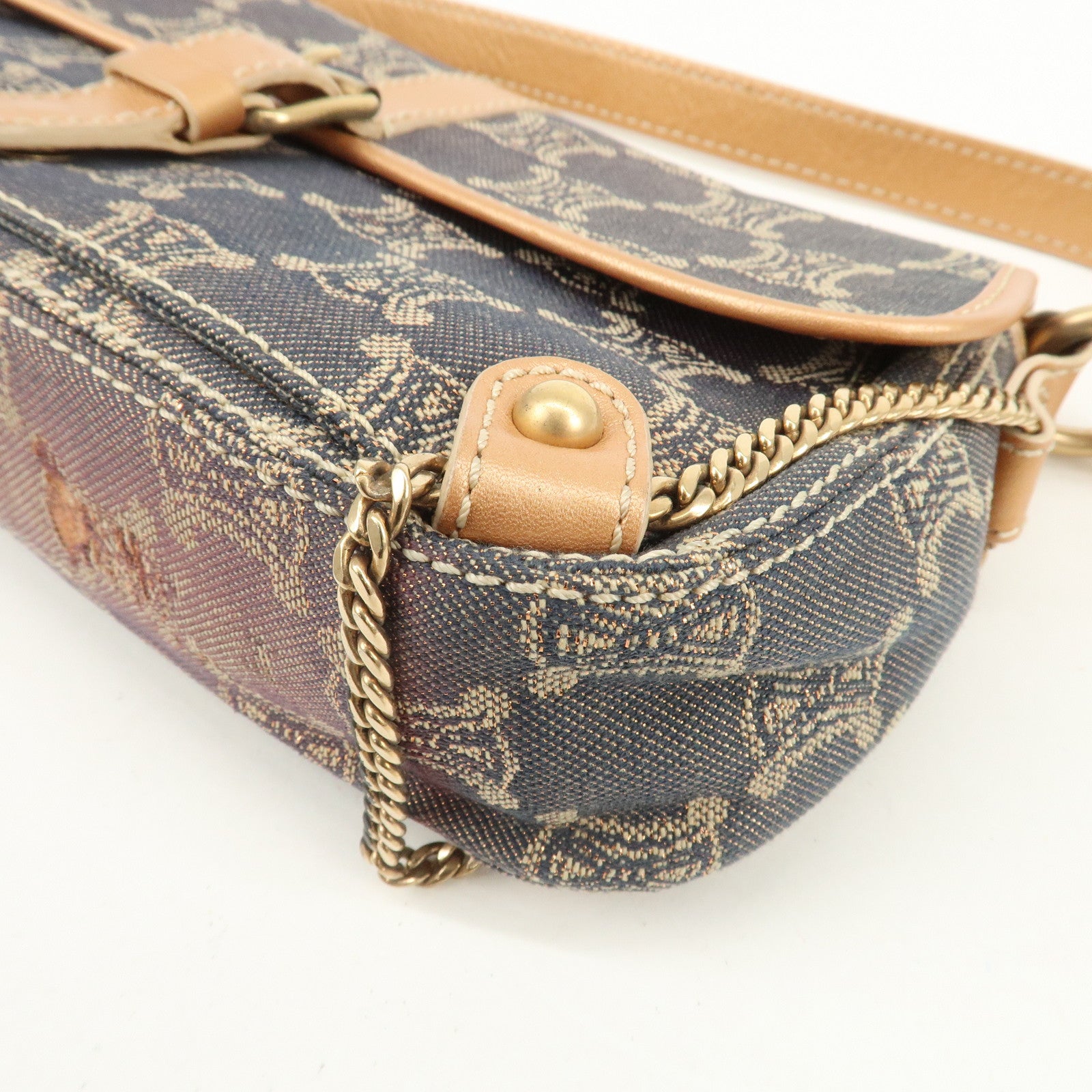 CELINE Macadam Denim Leather Shoulder Bag Metalic Pink Beige Navy