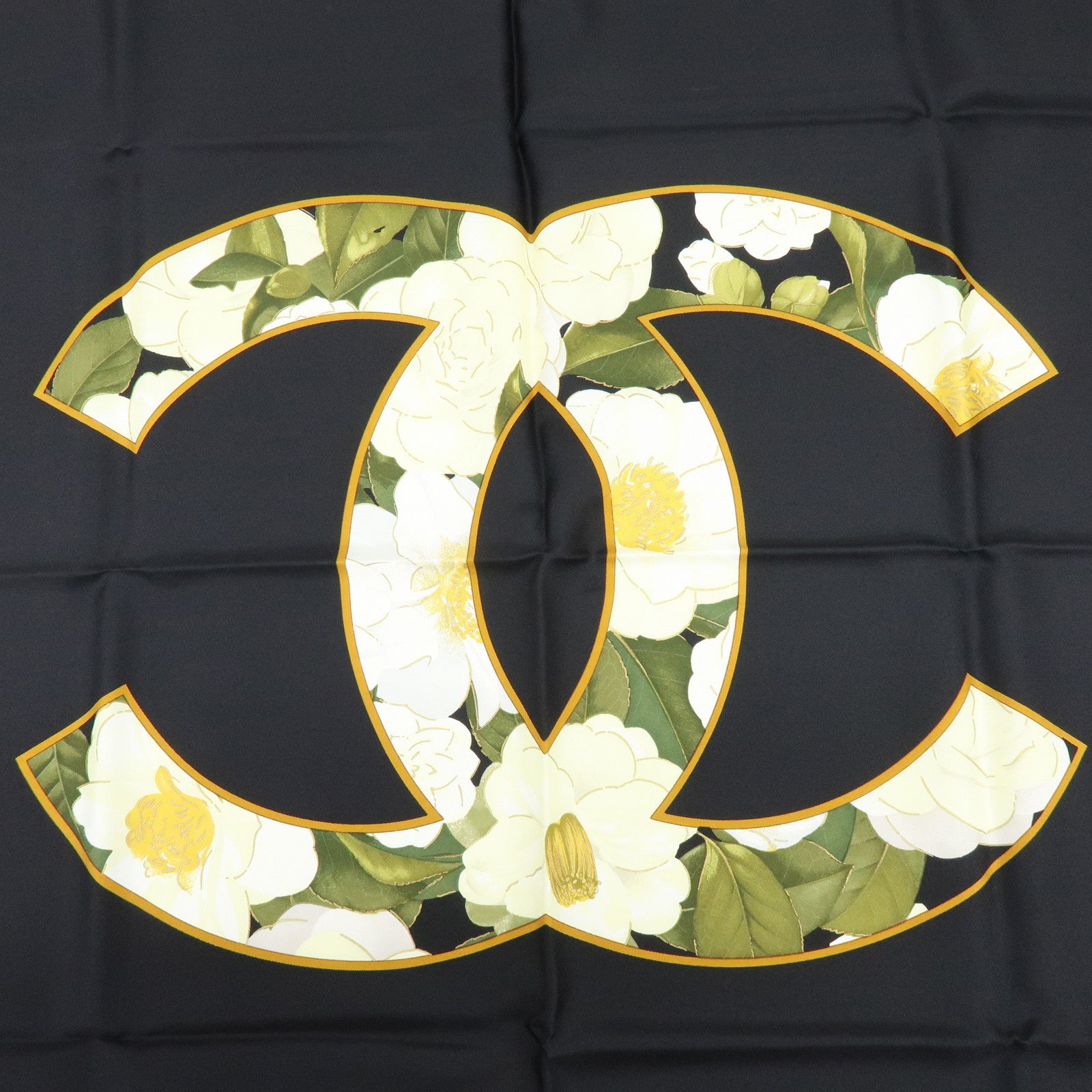 CHANEL COCO Mark Silk 100% Scarf Camellia Black Gold
