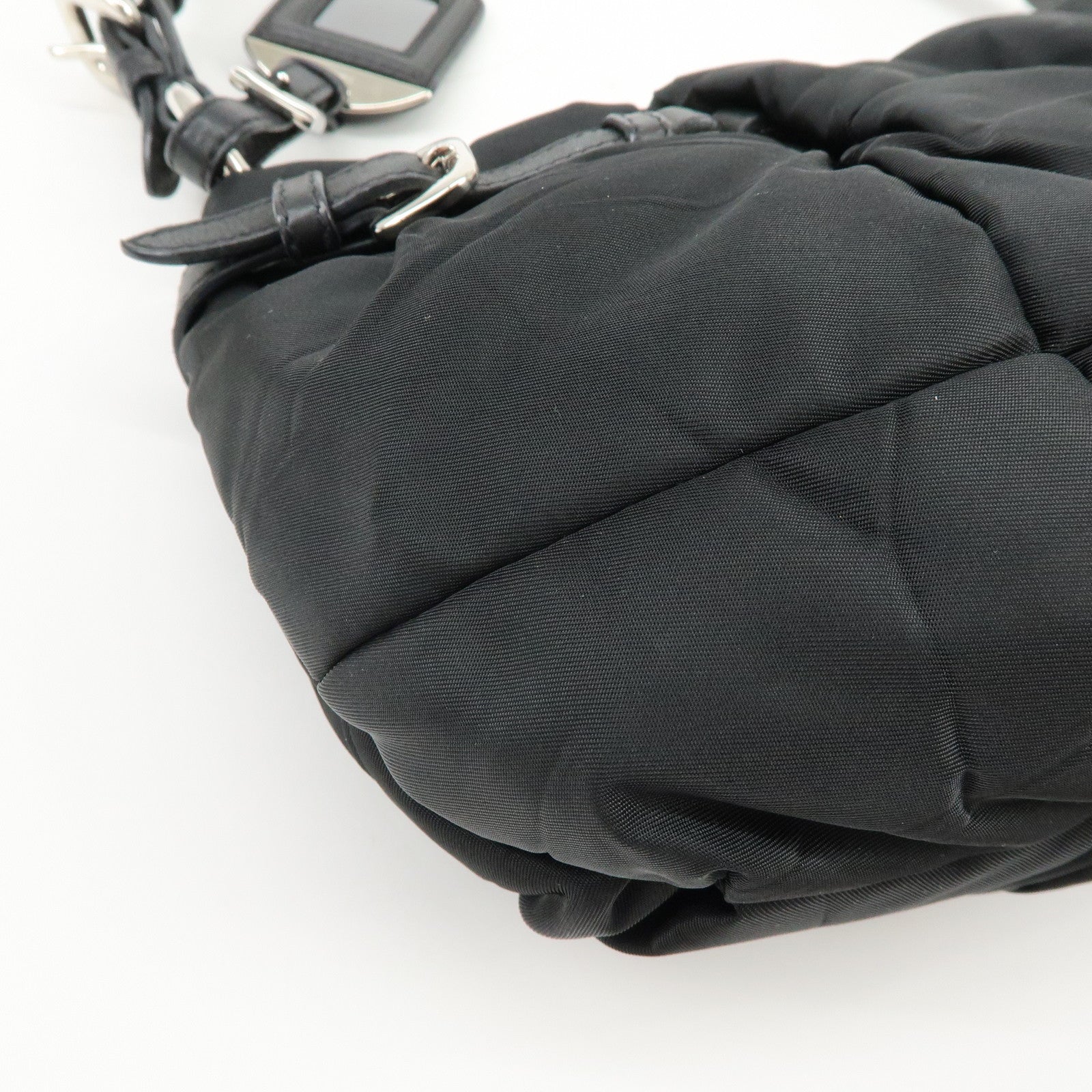 PRADA Logo Nylon Puffy Leather Shoulder Bag Hand Bag Black Silver