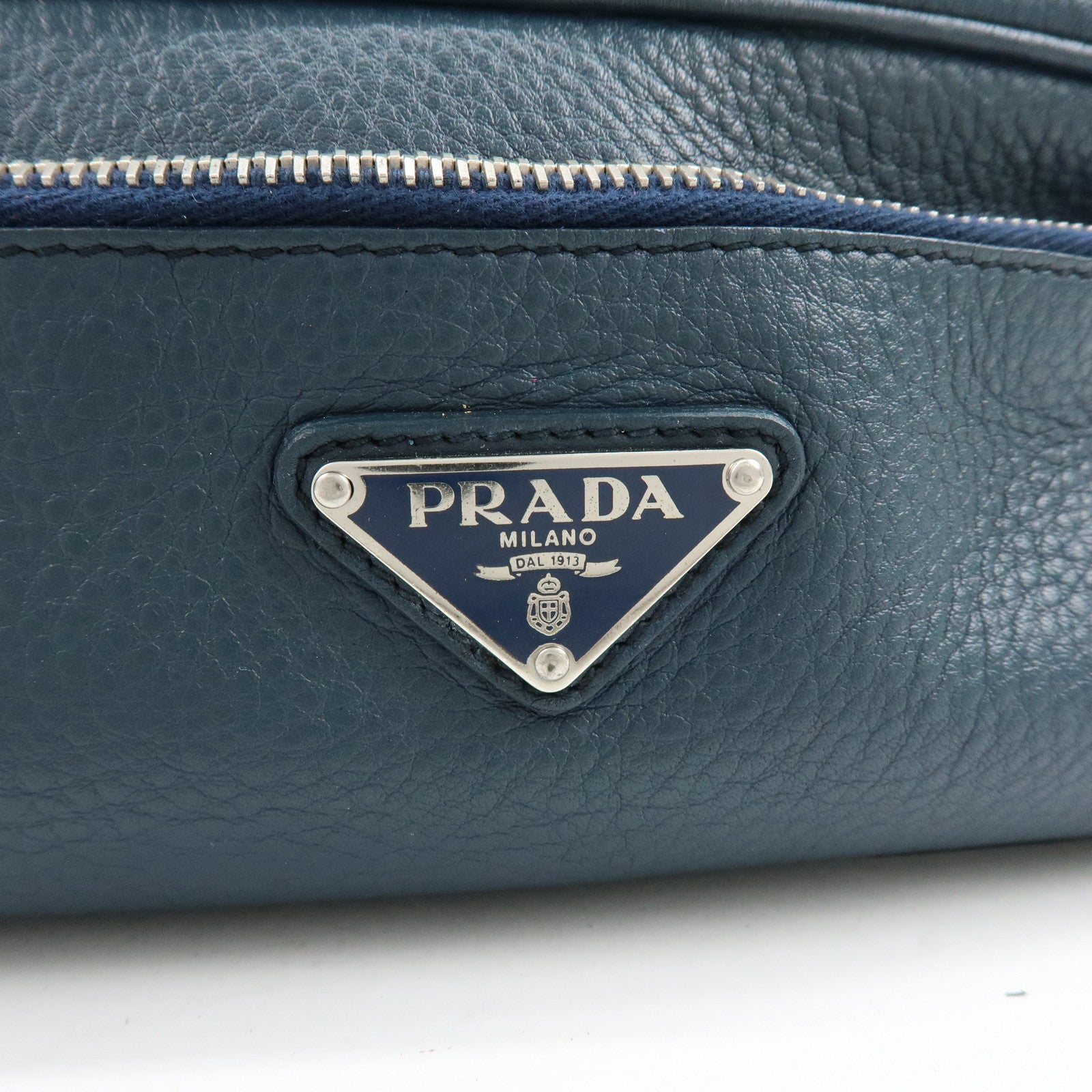 PRADA Triangle Logo Leather Cosmetic Pouch Accessory Pouch Navy