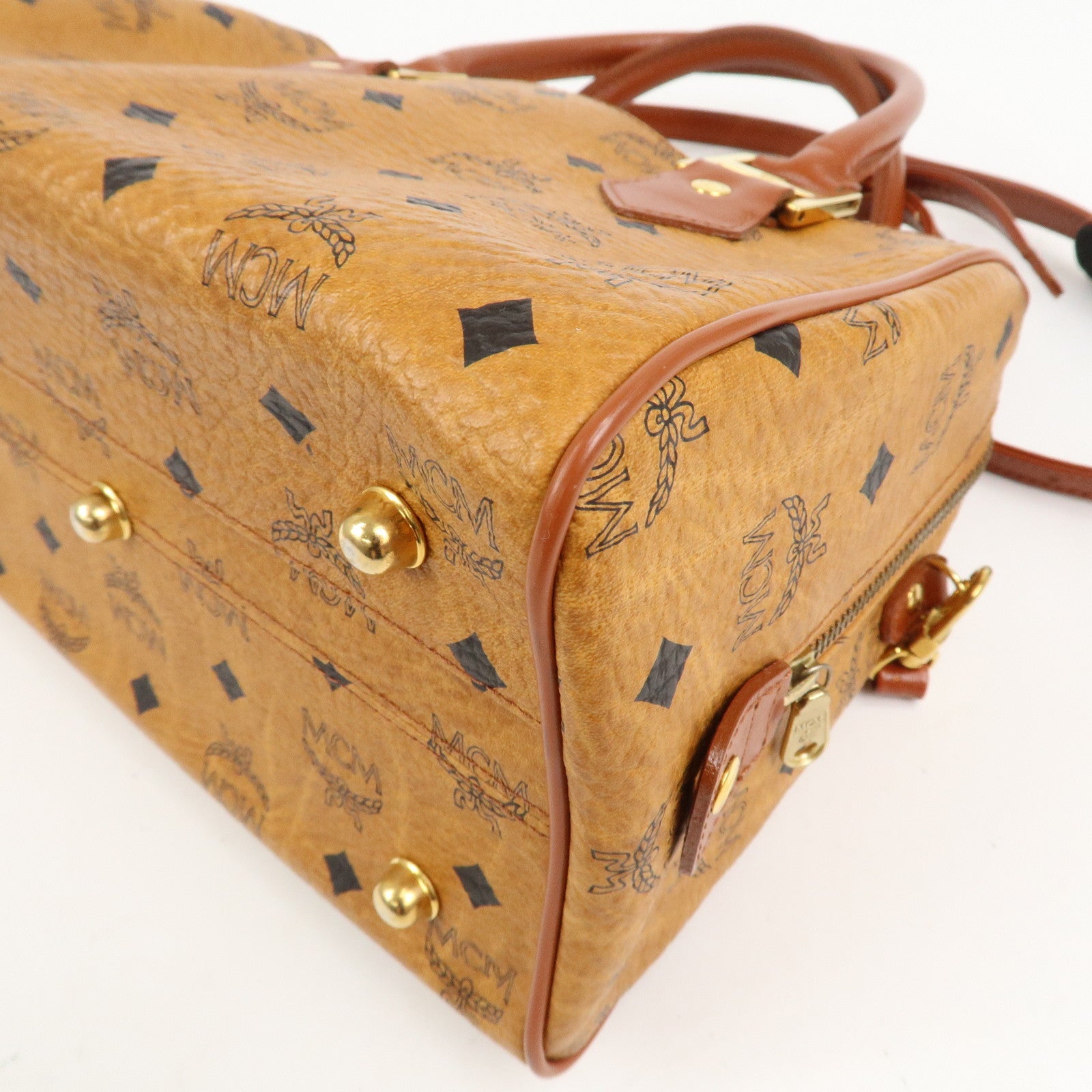 MCM Visetos Leather 2Way Bag Boston Bag Cognac
