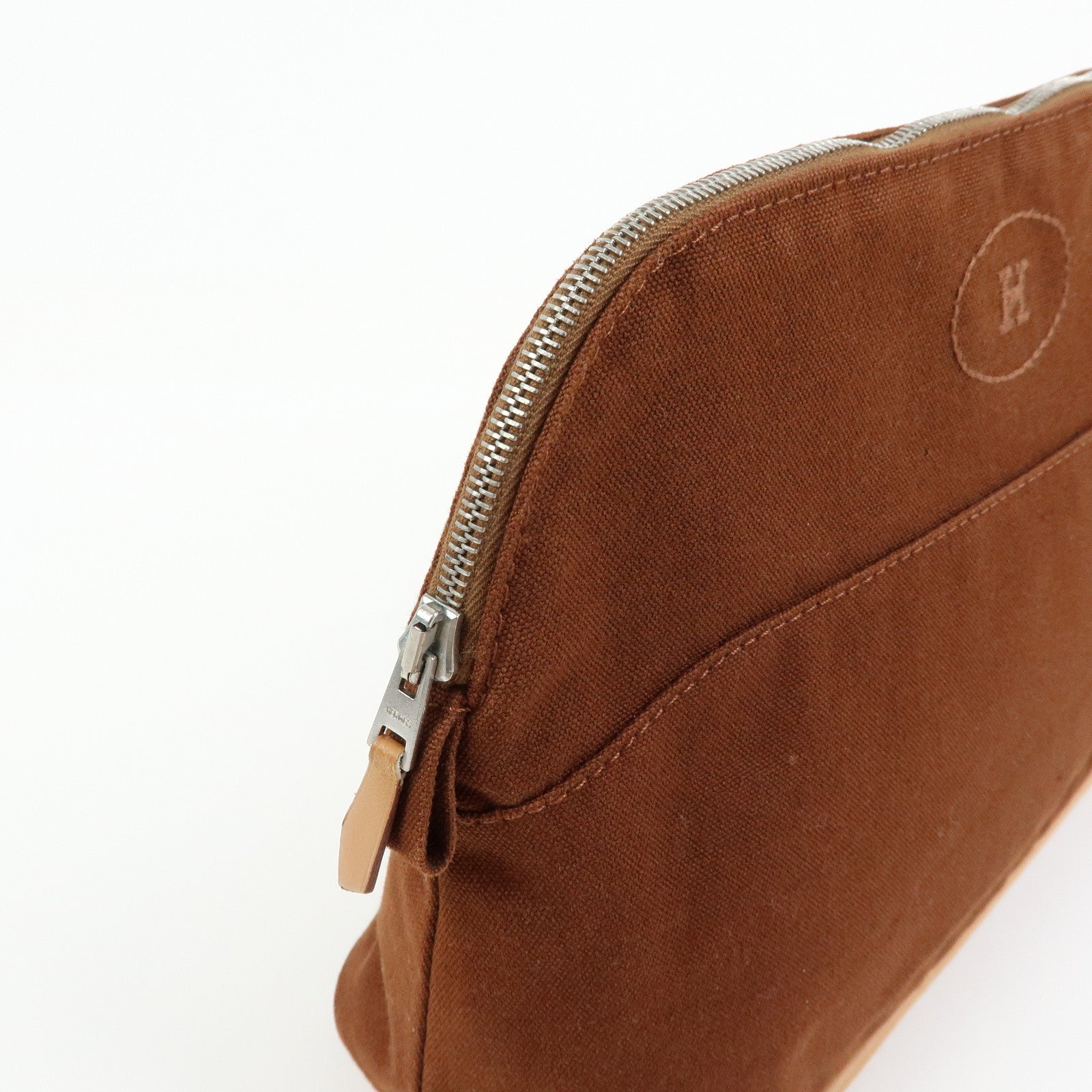 HERMES Bolide MM Cotton Leather Cosmetic Pouch Brown Beige