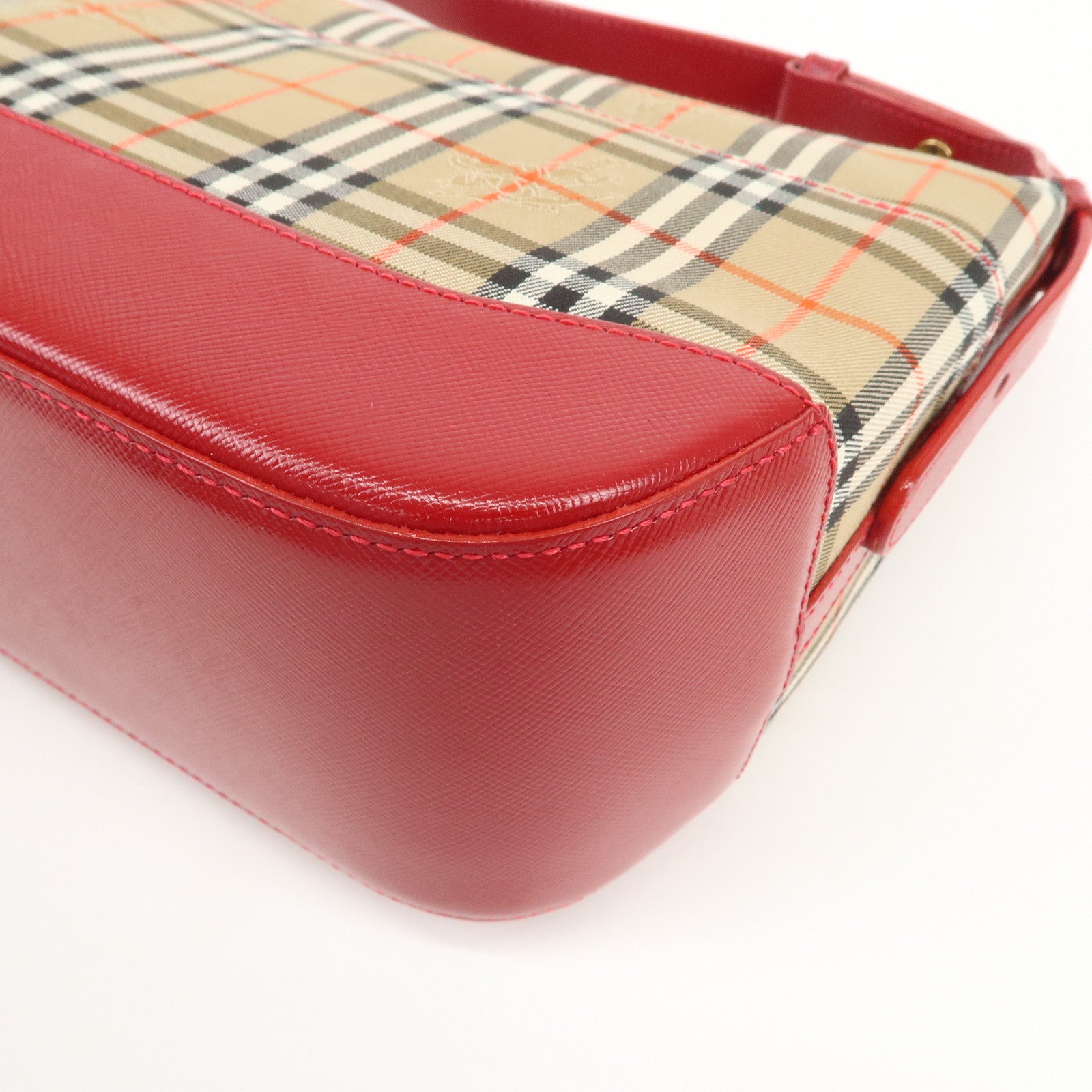 BURBERRY Nova Plaid Canvas Leather Hand Bag Shoulder Bag Beige Red