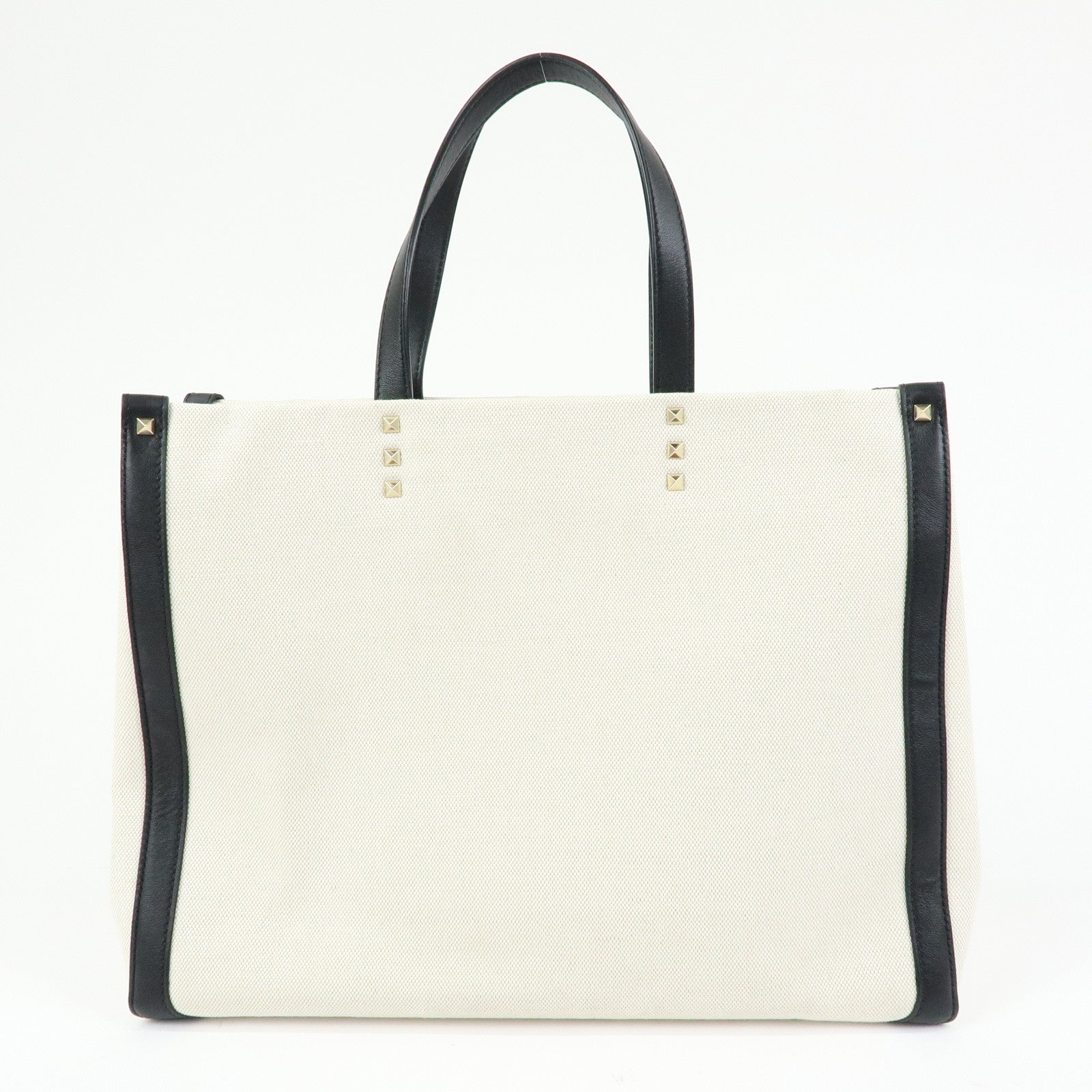 VALENTINO Rockstud Canvas Leather Tote Bag Hand Bag Natural Black