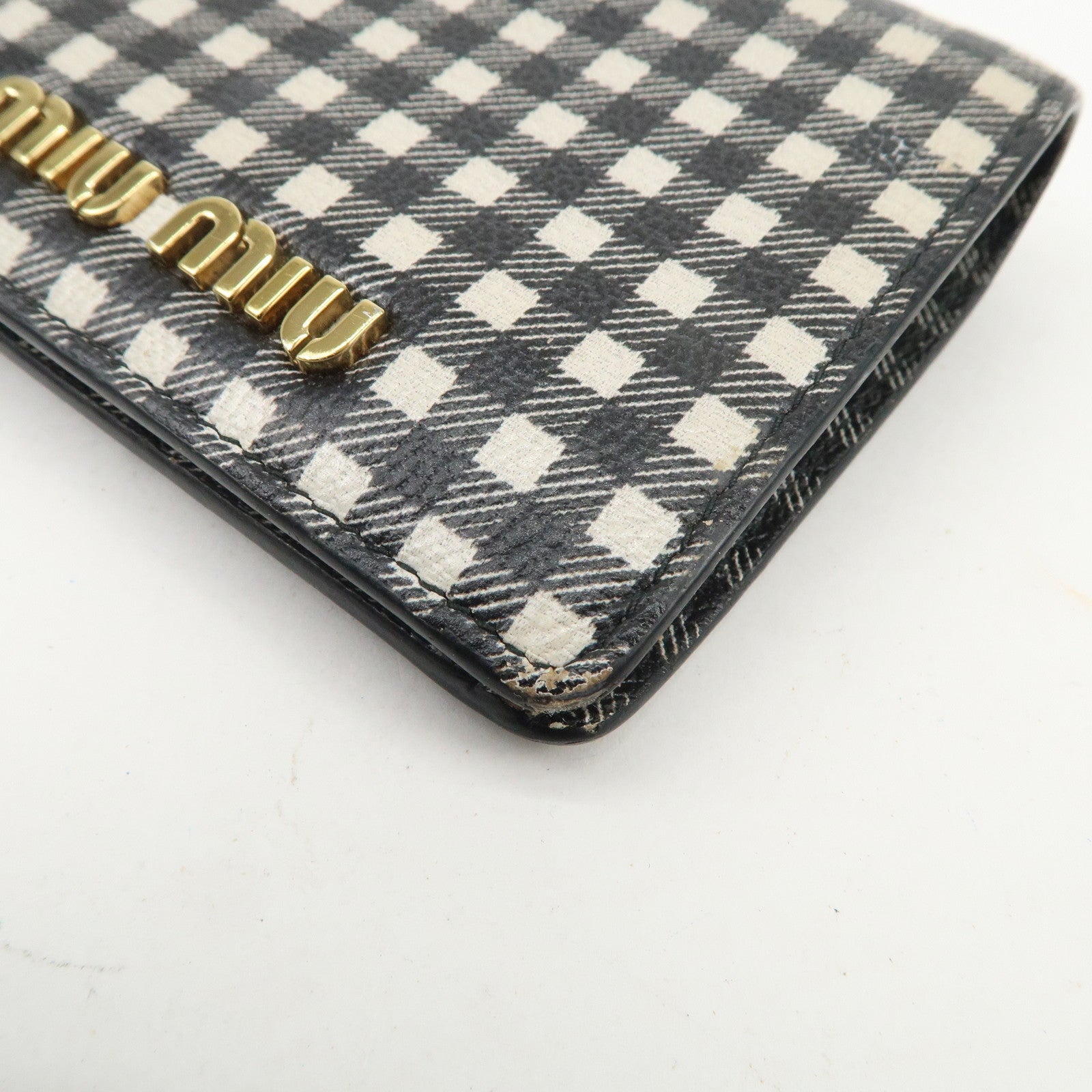 MIU MIU Plaid Leather Compact Bi-fold Wallet Black Ivory 5MV204