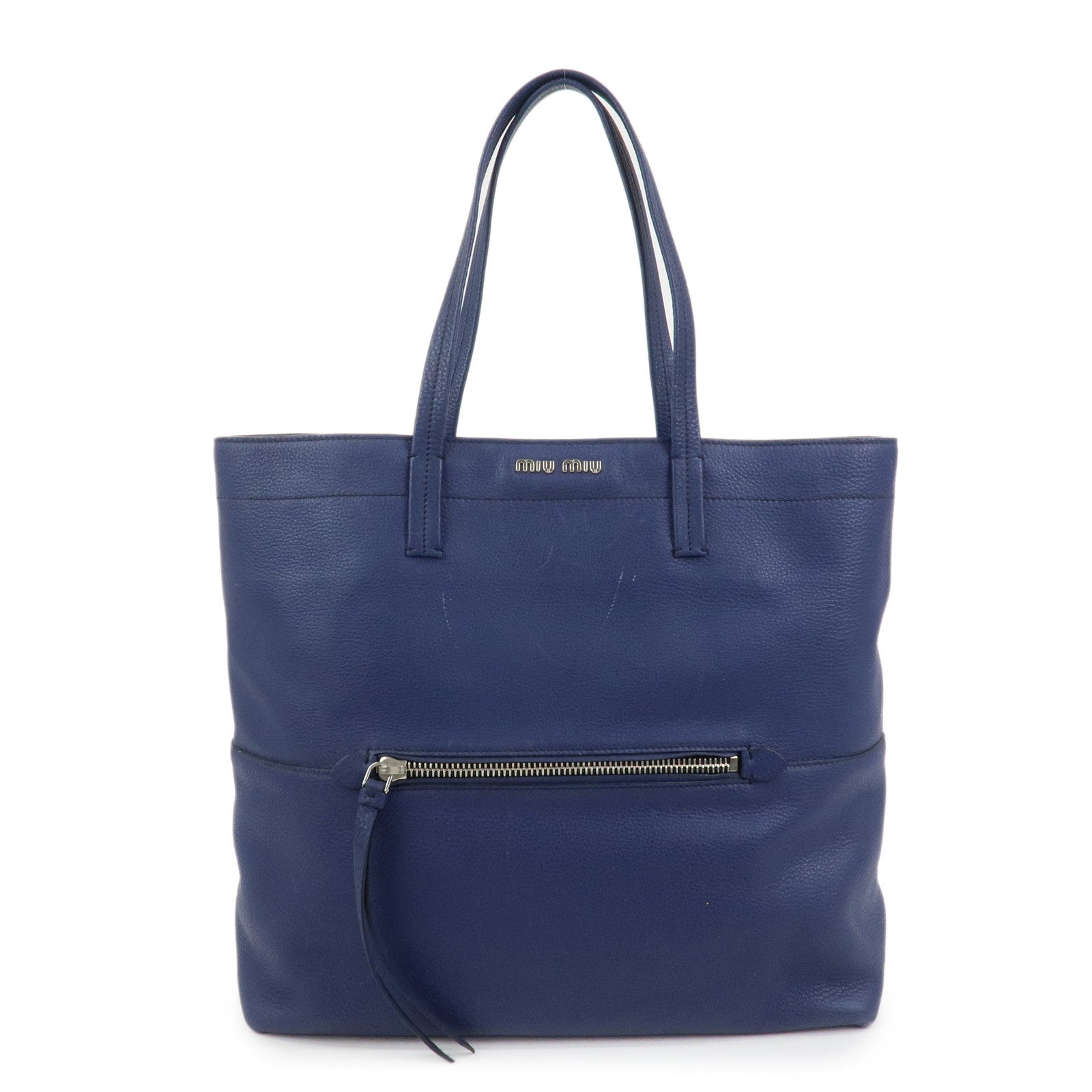 MIU MIU Logo Madras Leather Tote Bag Shoulder Bag Hand Bag Blue