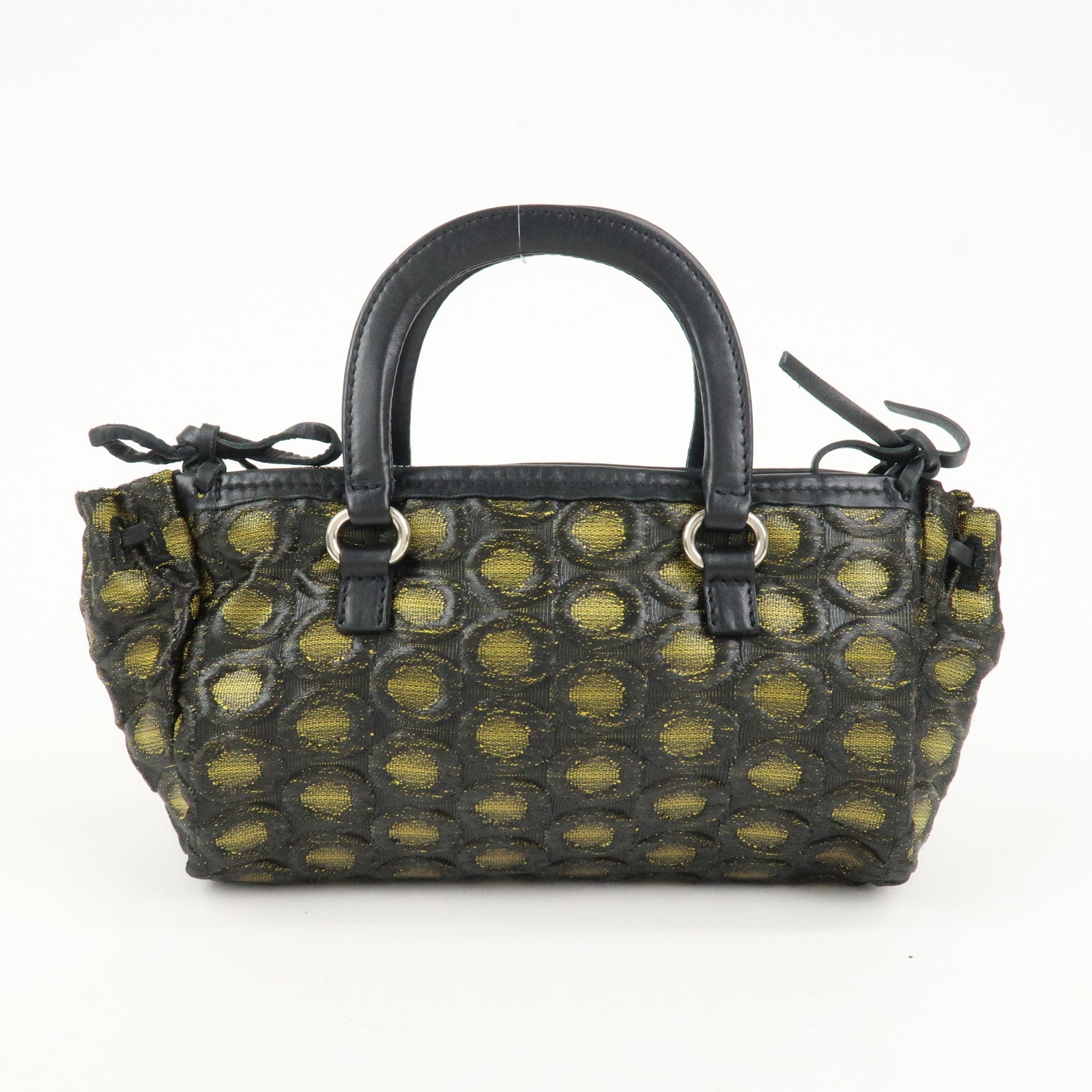PRADA Triangle Logo Nylon Leather Ribbon Hand Bag Black Yellow