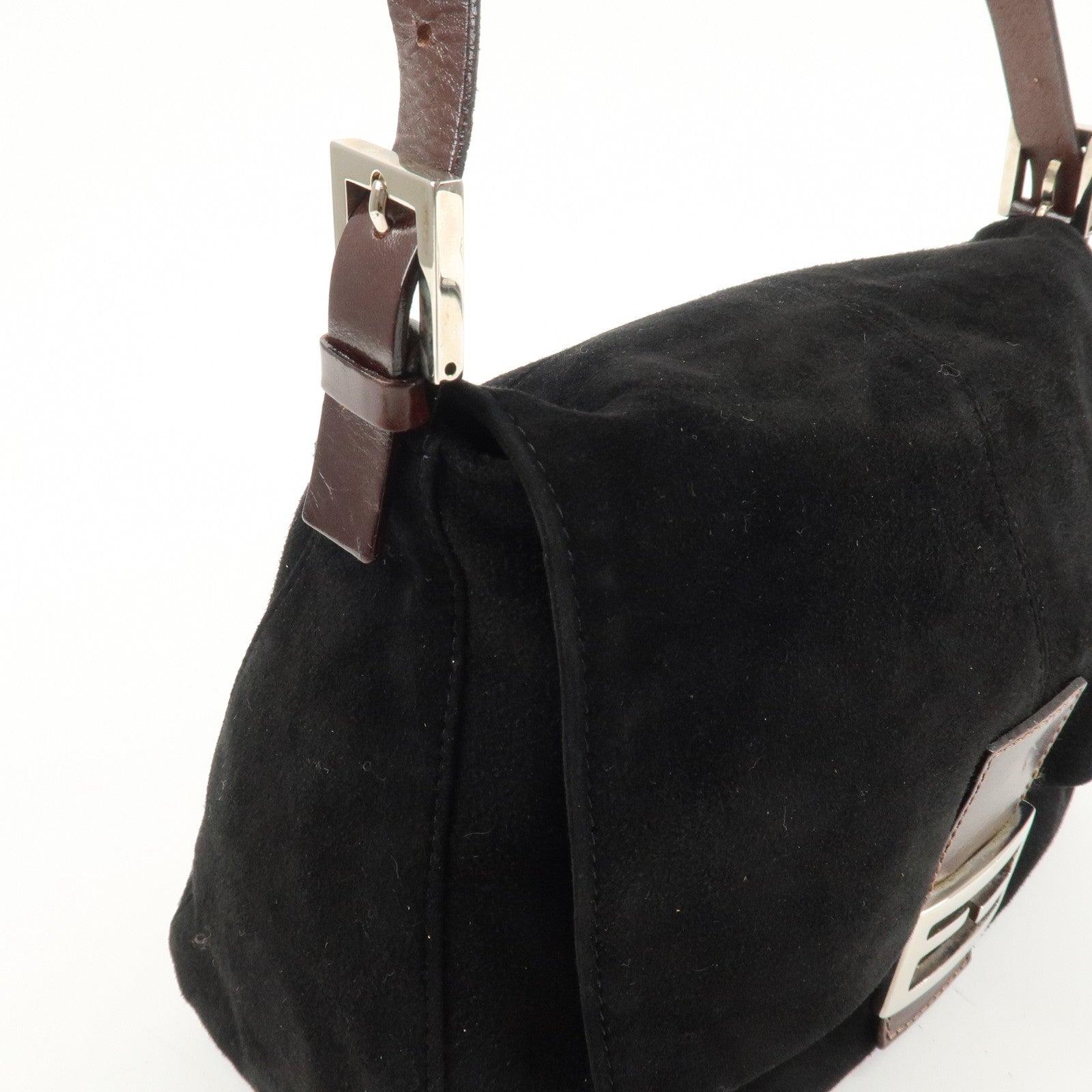 FENDI Mamma Baguette Suede Leather Shoulder Bag Silver HDW 26325 Used