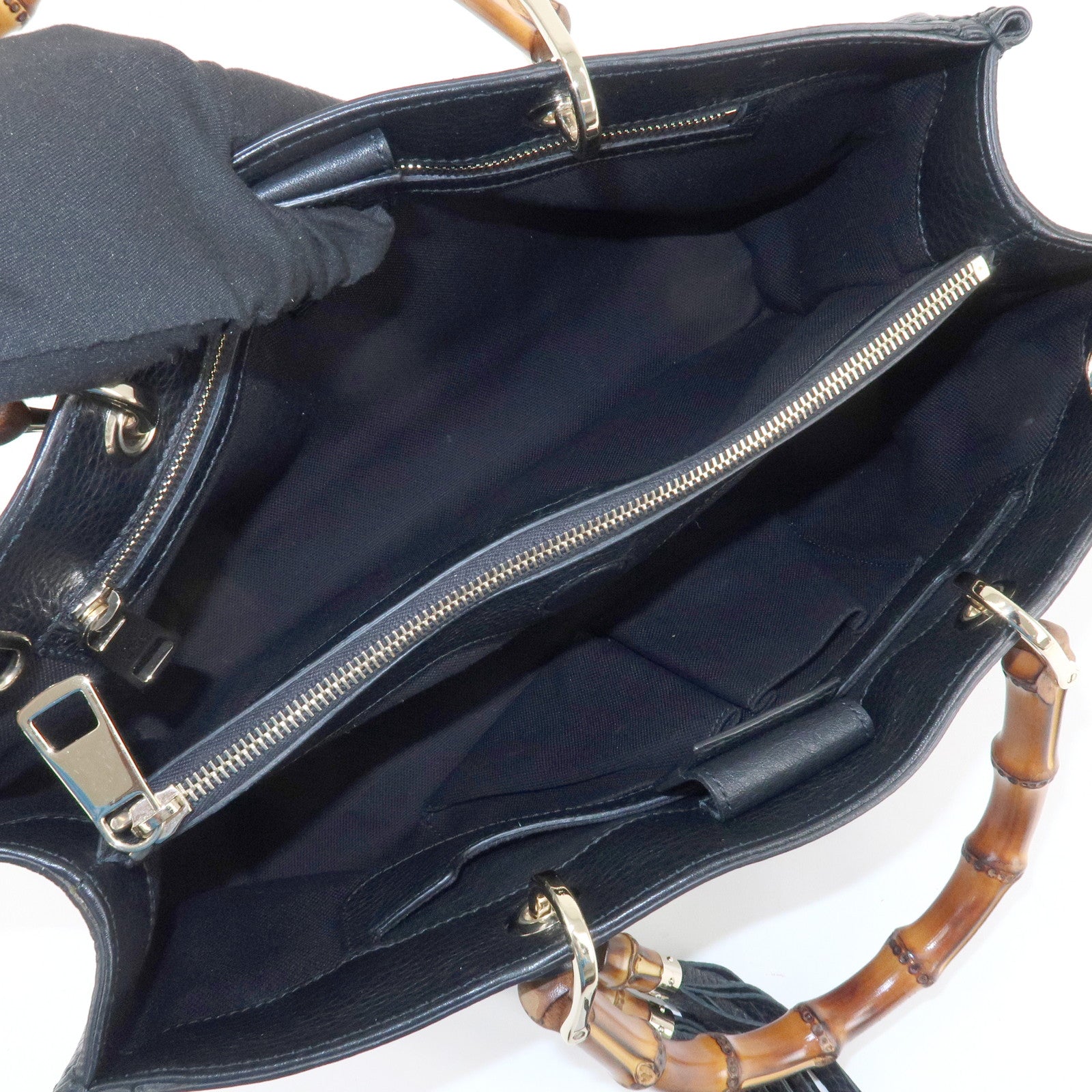 GUCCI Bamboo Leather 2WAY Shopper Medium Tote Bag Black 323660